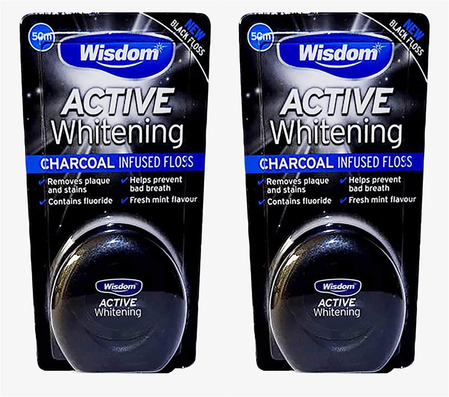 2X Wisdom Charcoal Black Dental Floss Active Whitening, 50 ml