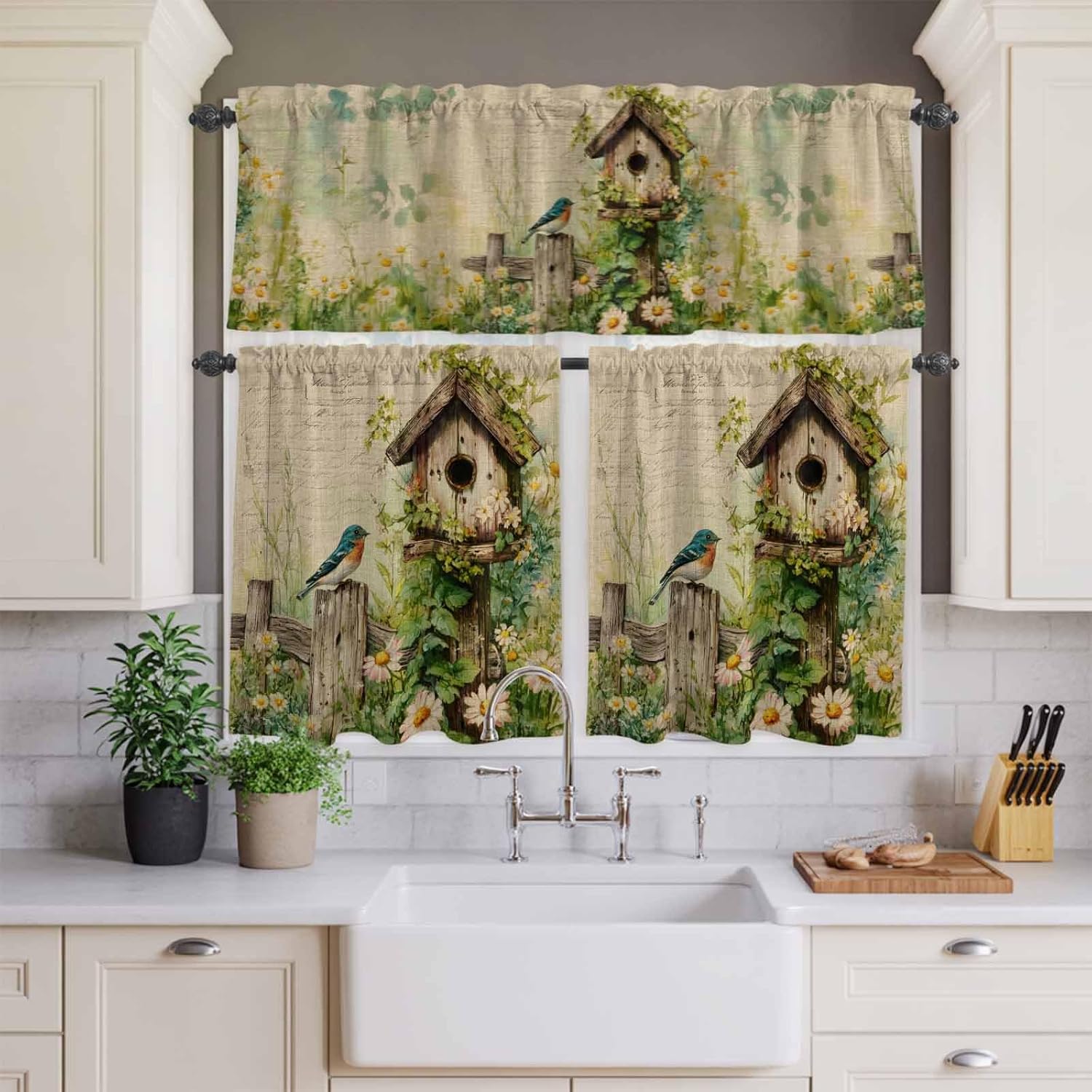 Spring Floral Kitchen Curtains Set, Birds Cabin Watercolor Botanical Retro Art Curtain Valance and Tier Curtains 36 Inch Length, Rod Pocket Kitchen Valance Window Short/Half/Small Tier Curtain Drapery
