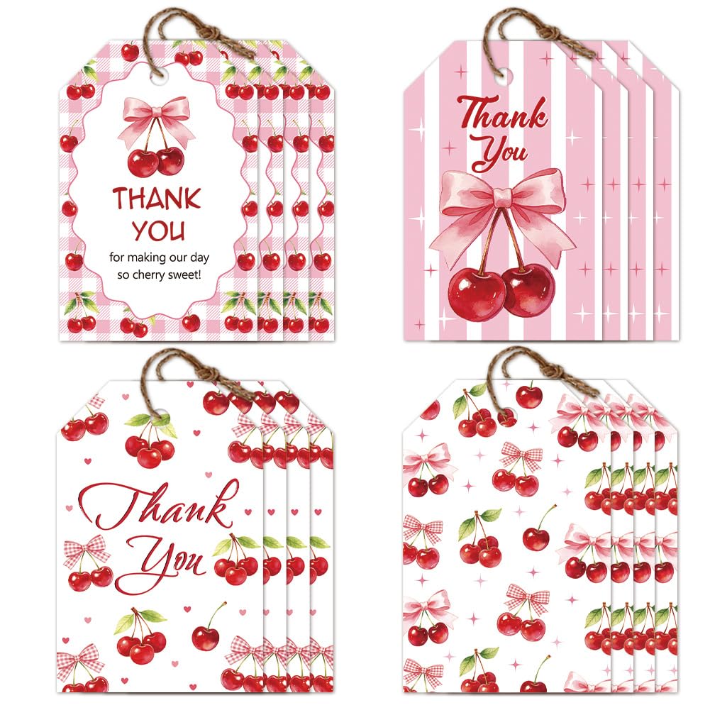 CRAFTYMELODY 80Pcs Sweet Cherry Thank You Tags 4 Style Handmade Craft Gift Tags with String Hanging Labels Name Tags 2×3 Inch for Party Wedding Birthday Party DIY Gift Crafts Favor Decor — image 1