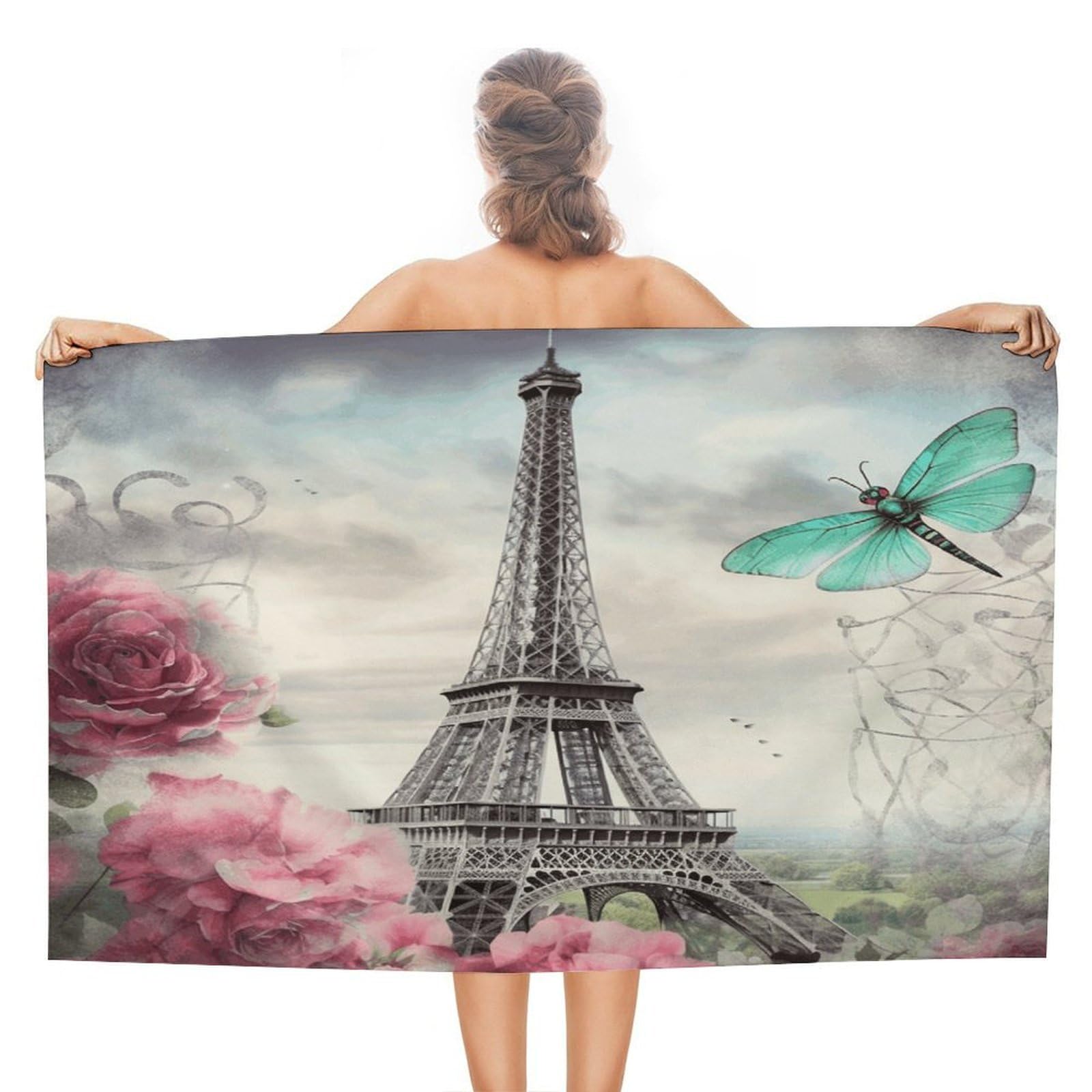 VstaDank Dragonfly French Tower Bath Towel Stylish Double-Faced Pile Travel Towel Soft Absorbent Beach Towel for Pool Swim Sports Camping Adults Gift 51X31 Inch