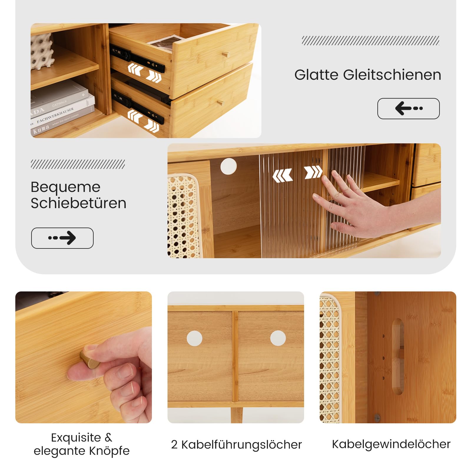 COSTWAY Bambusowa szafka pod telewizor z rattanowymi i szklanymi drzwiami przesuwnymi, stolik pod telewizor z 2 szufladami, szafka pod telewizory do 65 cali, do salonu, 140 x 31 x 45,5 cm