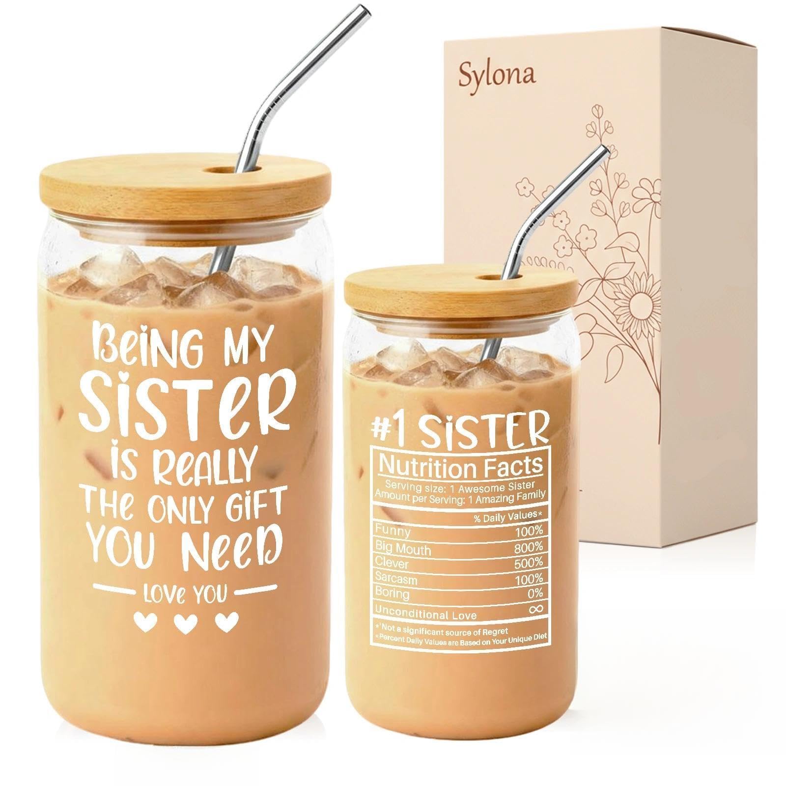 Sylona Sister Birthday Gifts - Sister Gifts from Brother Sisters, 16Oz Creative Travel Mug, Coke Cup, Glass Mug, Interesting Personalized Mug, Gift for Sisters on Her Birthday Christmas