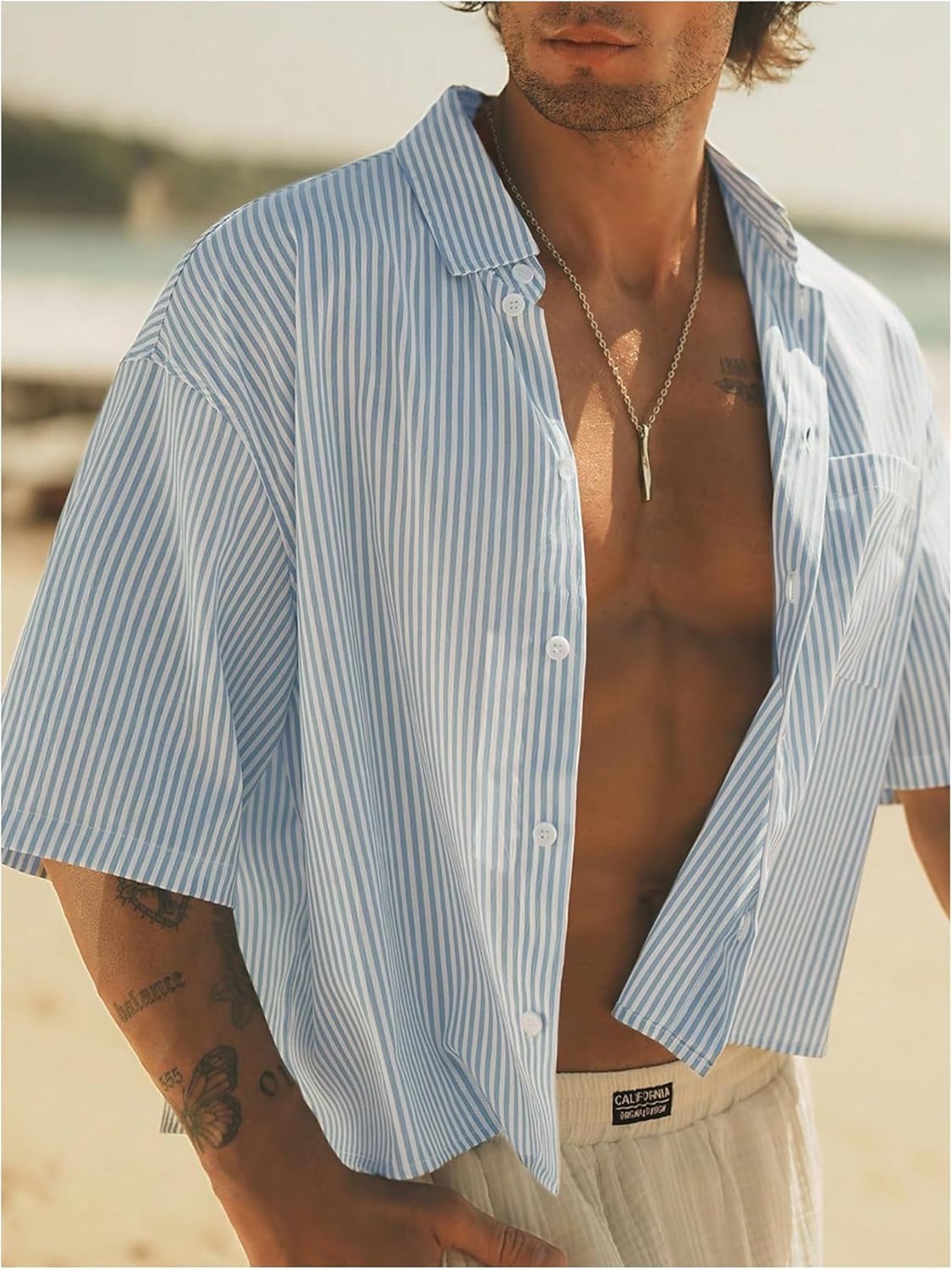 GORGLITTER Men's Cropped Button Up Shirts Striped Short Sleeve Crop Tops Pocket Patched Blouse Cruise Outfits - Image 5