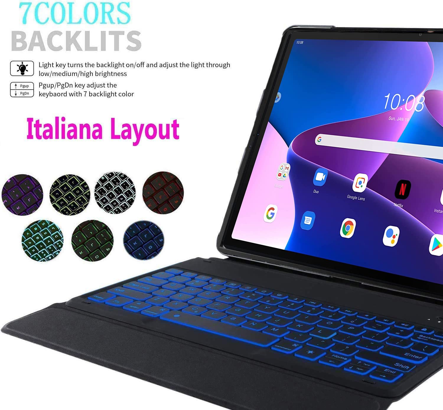 YHFZR Tastiera Custodia per Lenovo Tab M10 Plus 3rd Gen 2022, [Italiana Layout] 7 Colori Backlit Tastiera Wireless con Custodia Protettiva per Lenovo Tab M10 Plus 3rd Gen 10,6'' TB-125FU/128FU, Blu