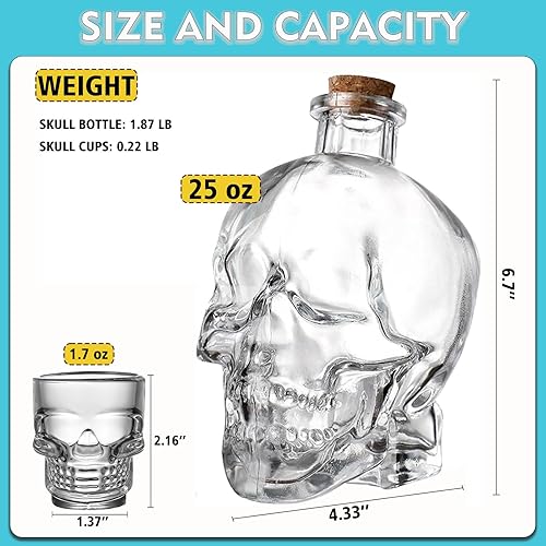 Miniatura 7 de Juego de decantadores de calavera de 25 onzas  25.4 fl oz, botella de licor de calavera de cristal con 2 tazas pequeñas de 1.7 fl oz, divertida