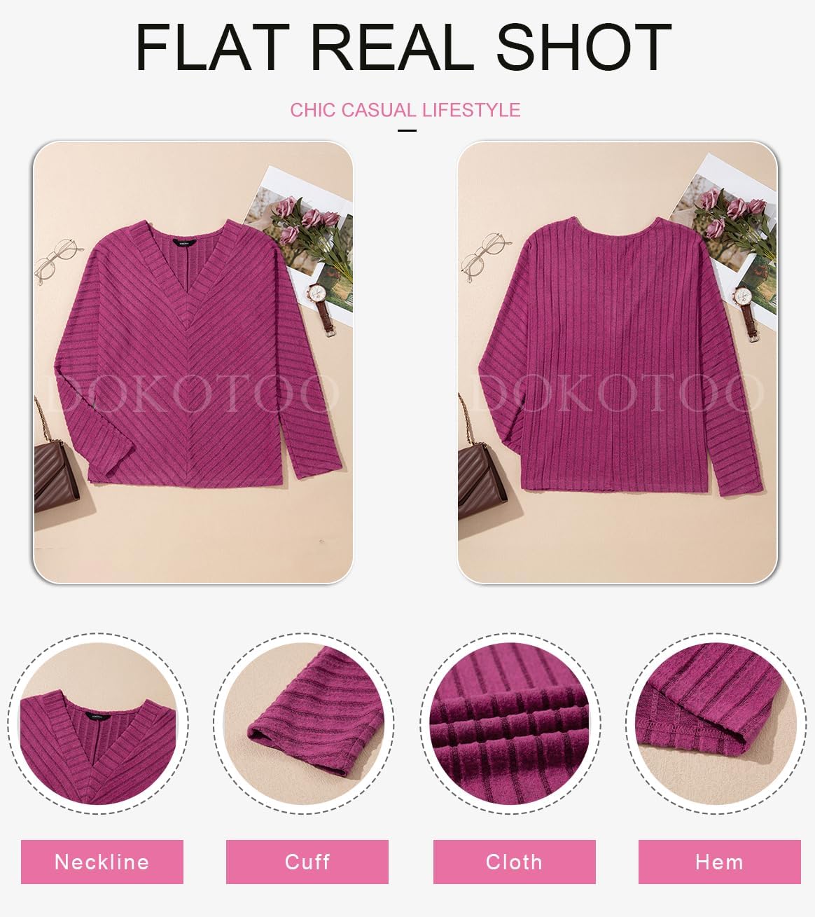 Dokotoo Long Sleeve Shirts for Women 2025 Fall V Neck Knitted Pullover Tunic Tops Womens Blouses Dressy Casual - Image 5