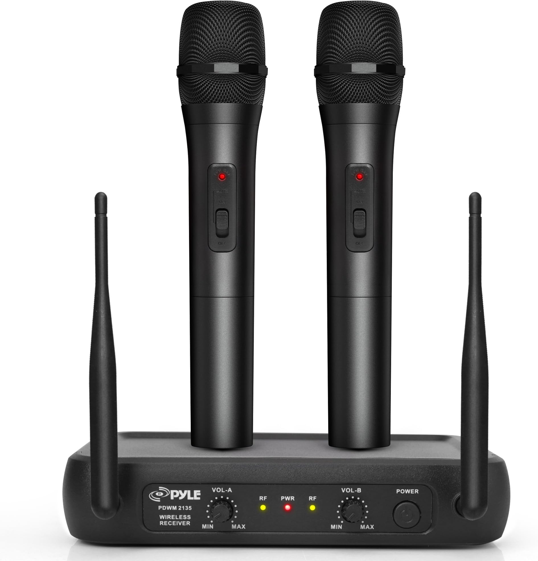 Channel Microphone System-VHF Fixed Dual Frequency Wireless Set with 2 Handheld Dynamic Transmitter Mics, Receiver Base-for PA, Karaoke, Dj Party (PDWM2135) , Black