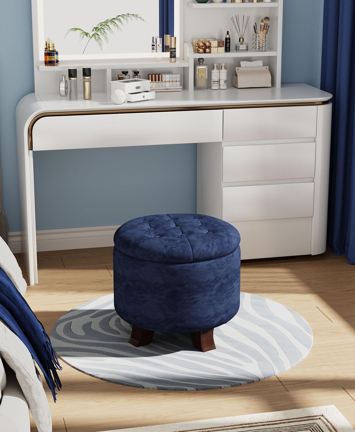 Ottoman,Round Foot Rest Stool, Upholstered Small Ottoman Chair with Storage for Living Room & Bedroom, Decorative Home Furniture, Navy Blue