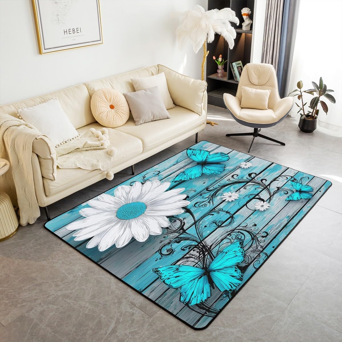 Butterfly Area Rugs for Girls Teens Women Bedroom, Rustic Flower Non Slip Carpet 3x5 for Living Room Bedside, Blue Butterflies White Chic Floral Rug, Retro Vintage Romantic Non Shedding Accent Rug