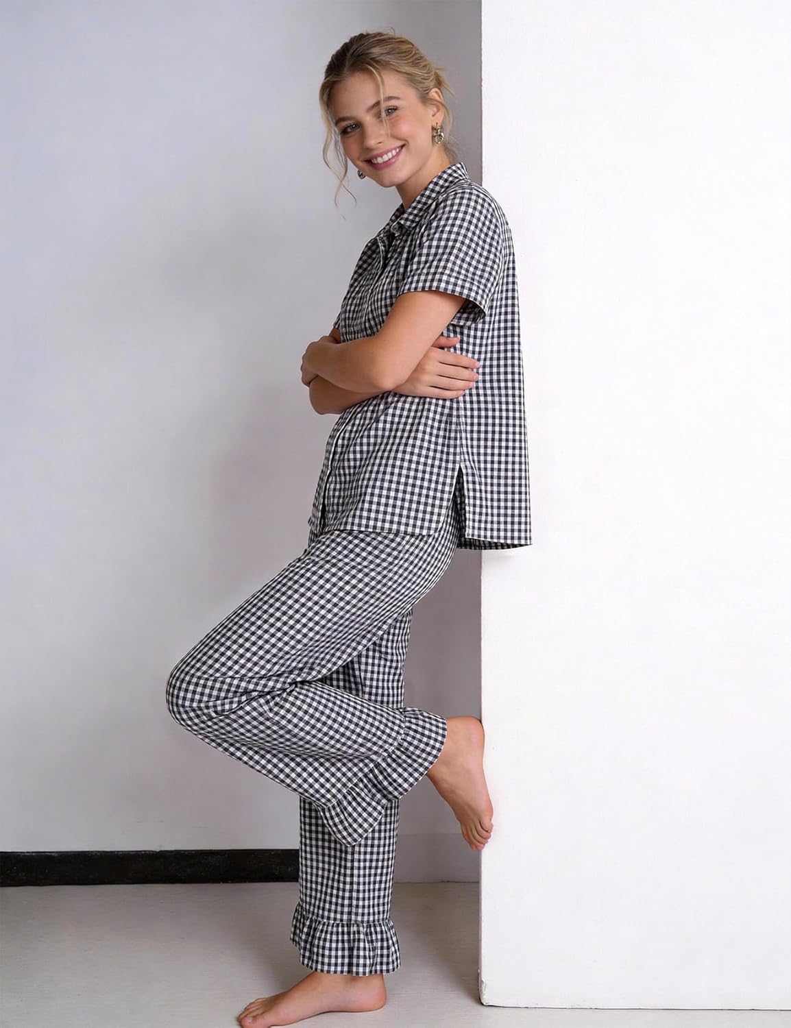 COZYPOIN Womens Gingham 2 Piece Set Plaid Cotton Pajama Sets Short Sleeve Button Shirt and Ruffle Pants Vacation Loungewear - Image 3