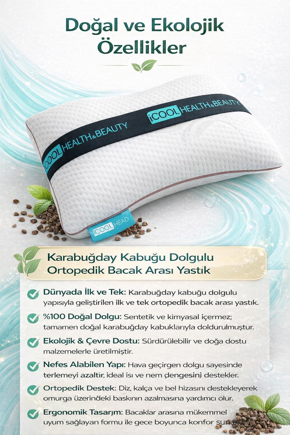 iCool Head Ortopedik Bacak Arası ve Diz Arası Yastık – Doğal Karabuğday Kabuğu Dolgulu, Nefes Alan OEKO TEX Sertifikalı Kumaş, Yan Yatanlar ve Hamileler İçin Uyku Desteği