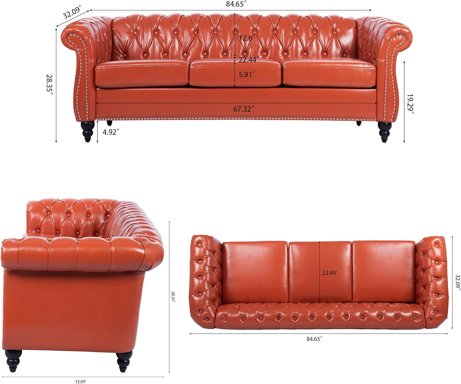 85" Chesterfield PU Fabric 3 Seater Couch-2 Set 39" Single Chair Set Furniture,Upholstered Sofa with Tufted Back,Roll Arm Classic Chesterfield Settee Couches for Living Room,Office(Orange + PU)