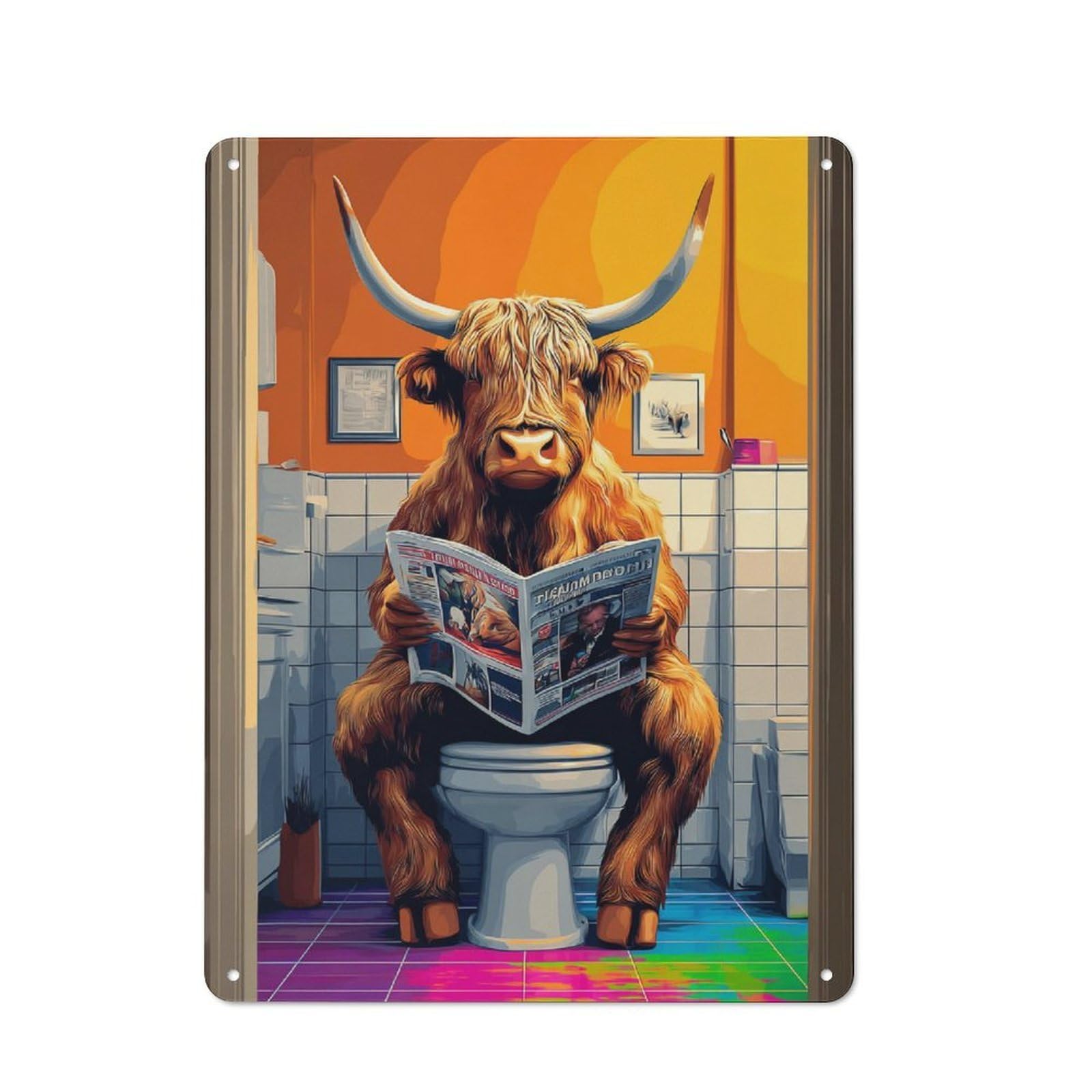 Highland Cow Reading Newspaper on Toilet Decorative Tin Plaque 40x30cm, Vintage Bar Wall Plaque for Bar, Kitchen, Garage Or Games Room