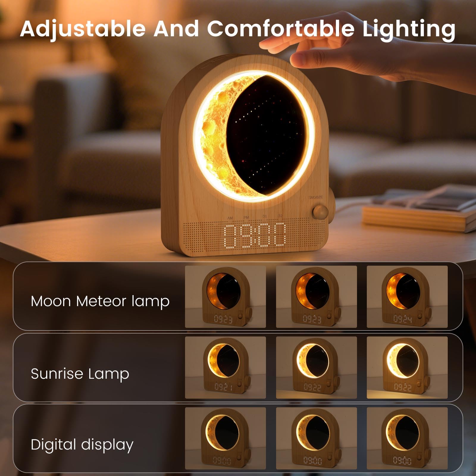 Despertador Sunrise Light, despertador de habitación con ruido blanco y luz lunar, 10 melodías, función de cuenta atrás y brillo ajustable - Madera