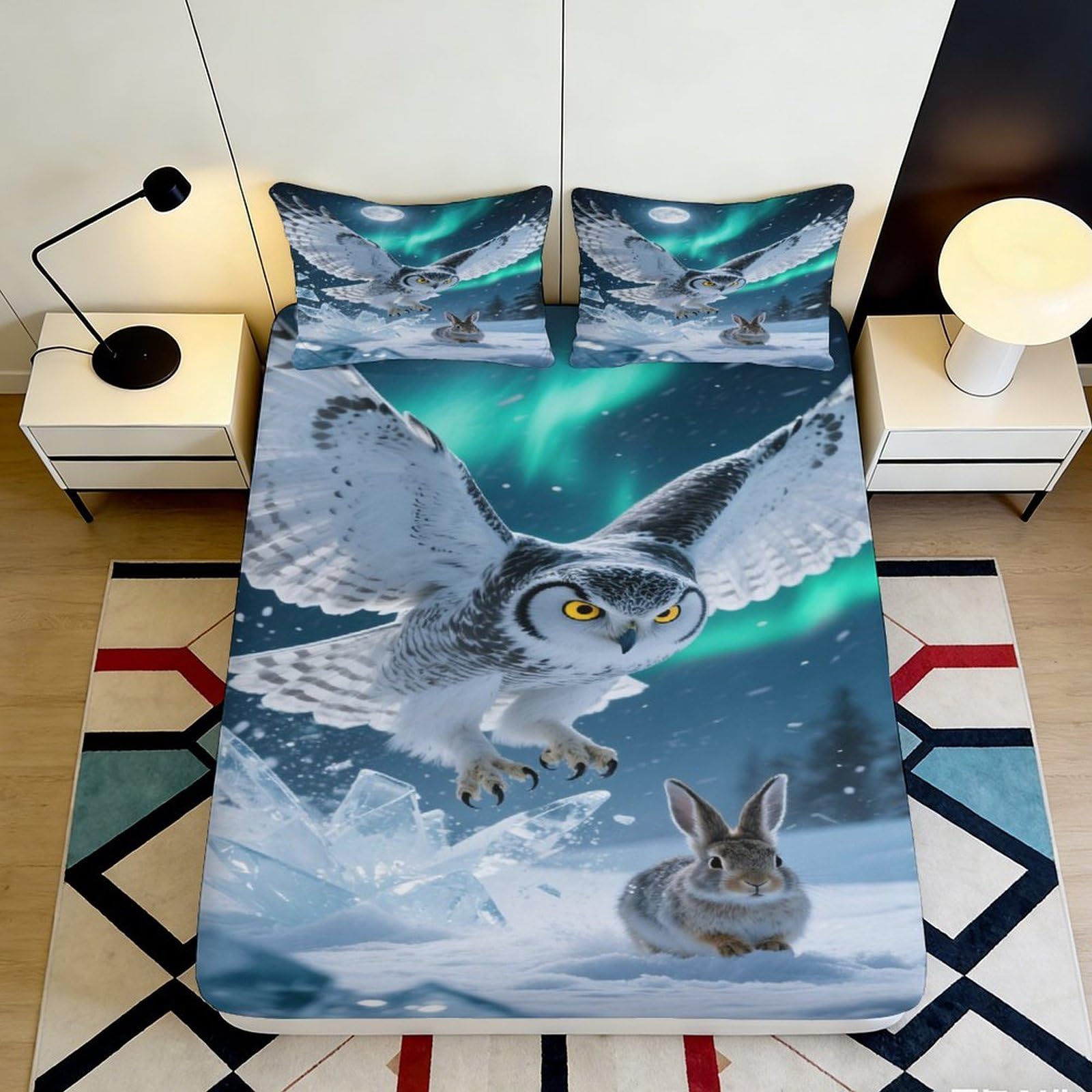3D Printed Snowy Owl Aurora Fitted Sheet Microfiber Soft Breathable Rabbit Mattress Cover for Bedroom Dorm Decor 120x200x25cm