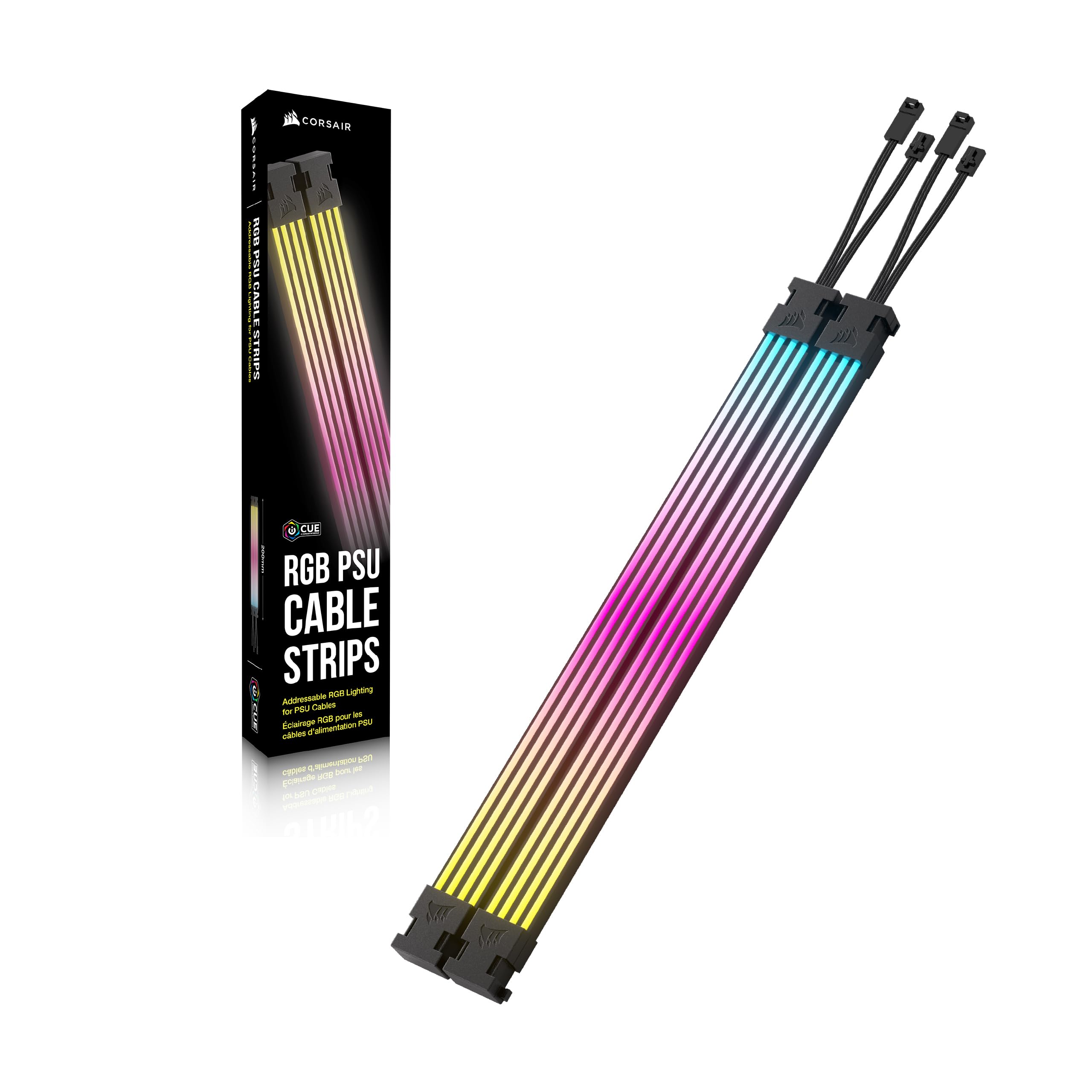 Corsair iCUE ARGB PSU Tiras de Cable – 2 Tiras de LED de 200mm – 100 LED RGB por Tira – Se Adapta a Cualquier Cable PSU – Control ARGB de 5 V de la Placa Base – Negro