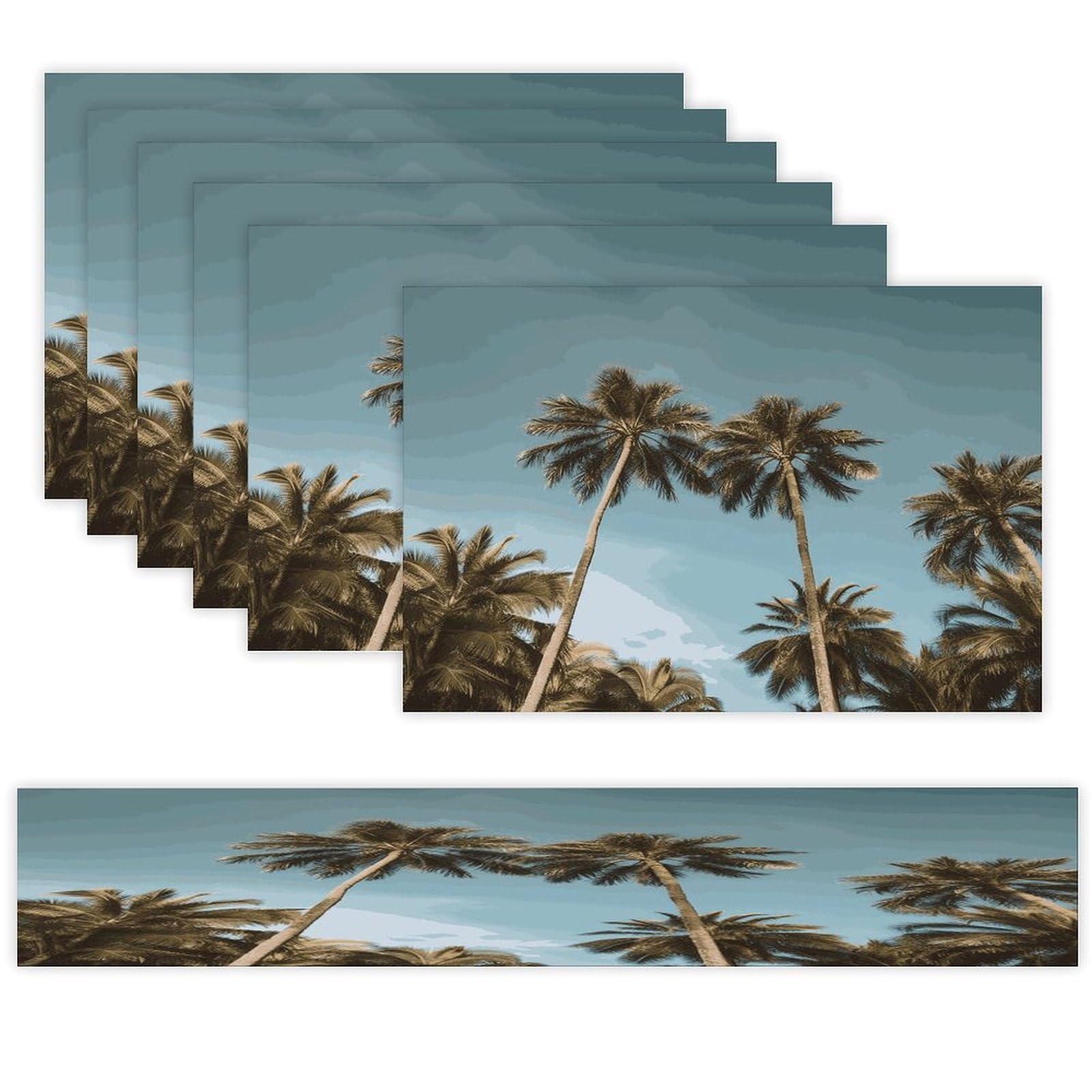 Tall Tropical Palm Trees Table Runner and Placemats Set of 6 Wipe Clean Heat Resistant Table Mat with Table Runner Decorations Flax Linen Place Mat Set for Home Kitchen Party Supplies