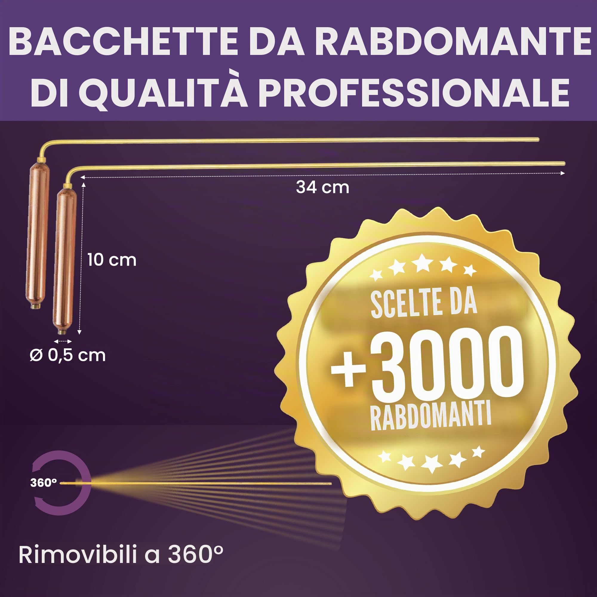 Bacchette Rabdomante Professionali in Ottone Modello PREMIUM | Bacchette Radioestesia con impugnatura in rame per Geobiologia, Ricerca di fonti d'Acqua e d'Oggetti