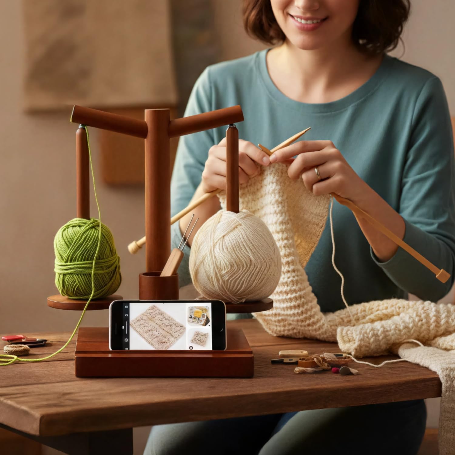 Crochet Yarn Holder with Phone Stand, Magnetic Double Spindles Yarn Holder Spinner, Solid Wood Yarn Spinner with Crochet Accessories Storage, Walnut
