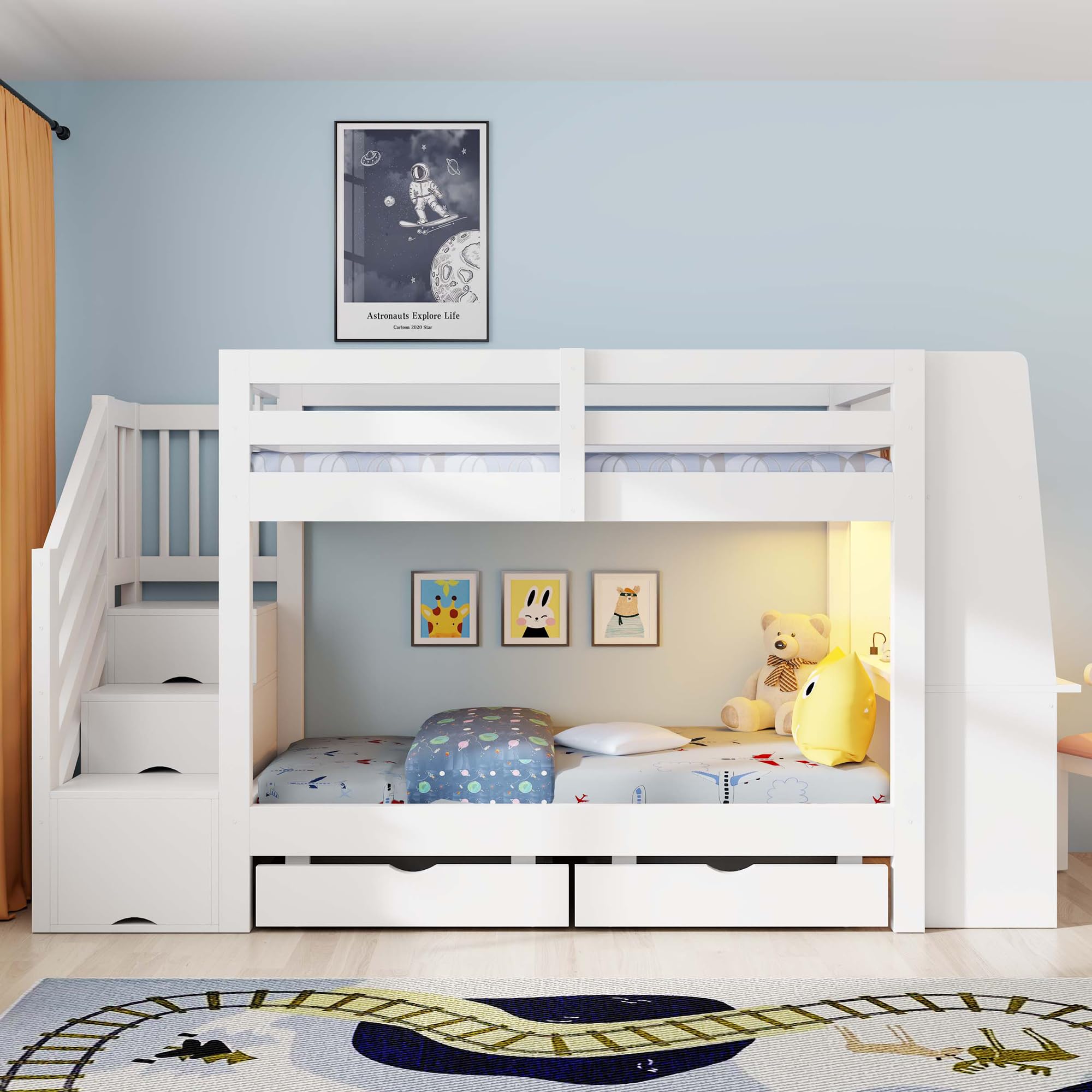 Etagenbett für Kinder, 90 x 200 cm, Holzrahmen mit Leiter, integriertem Schreibtisch, LED-Lichtleiste, Steckdose und Schubladen. Geeignet für Jugendliche und Erwachsene.Weiß