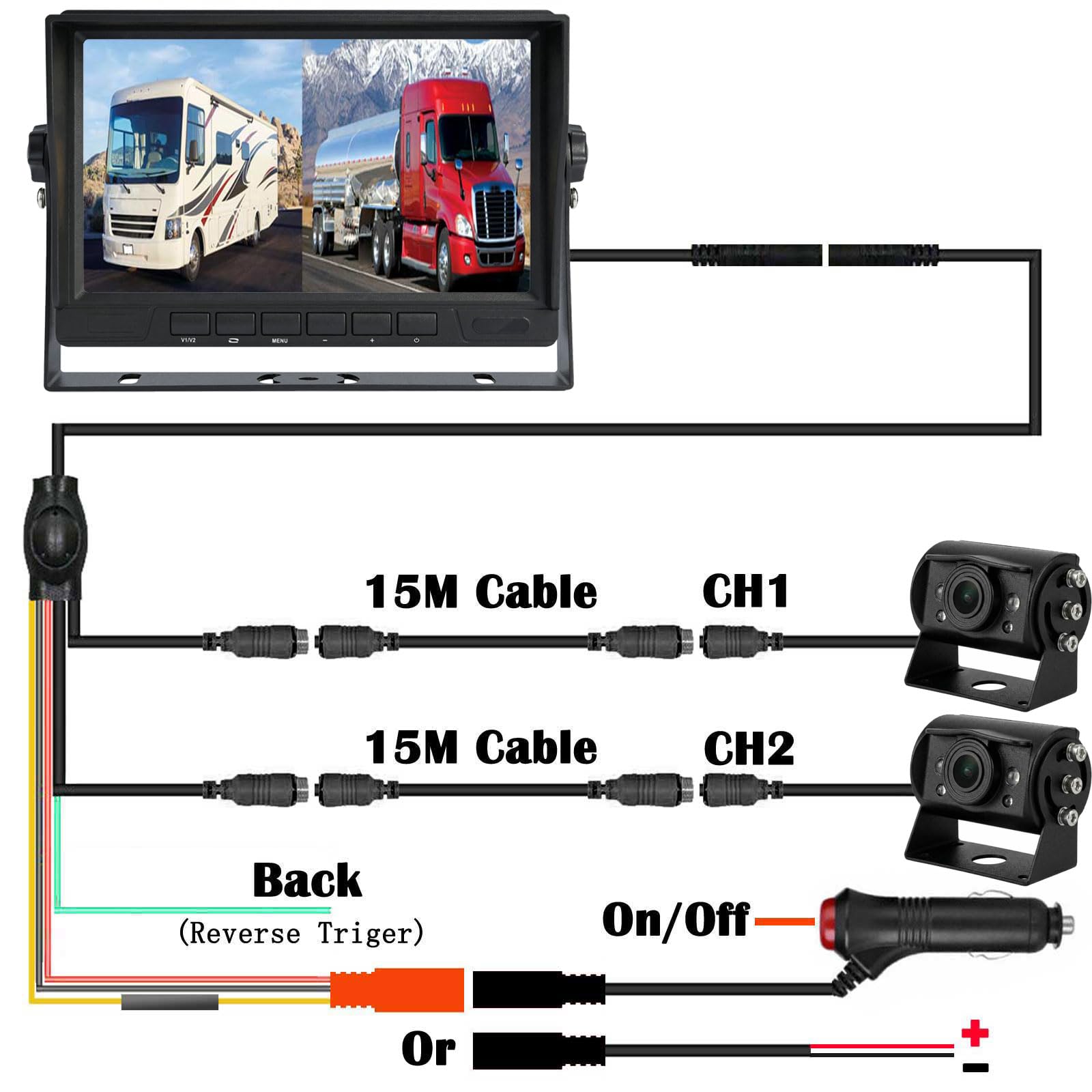 AHD 1080P Fahrzeug LKW Rückfahrkamera mit 17.8 cm 2-Split Monitor | 2 x wasserdichte IR-Nachtsicht-Rückfahrkamera, 15 m Kabel, 12 V-24 V, robuster Sattelauflieger, Wohnmobile, LKW