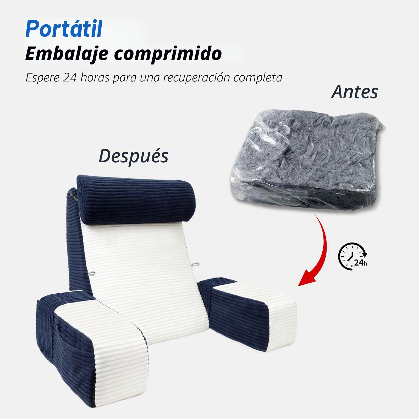 Almohada de Lectura, Cojín Lectura Cama para Sentarse, Cojín para Cama con Respaldo y Reposabrazos Ajustables, Almohada Sofá, Adecuado para Leer/Jugar/Relajarse, Azul & Blanco