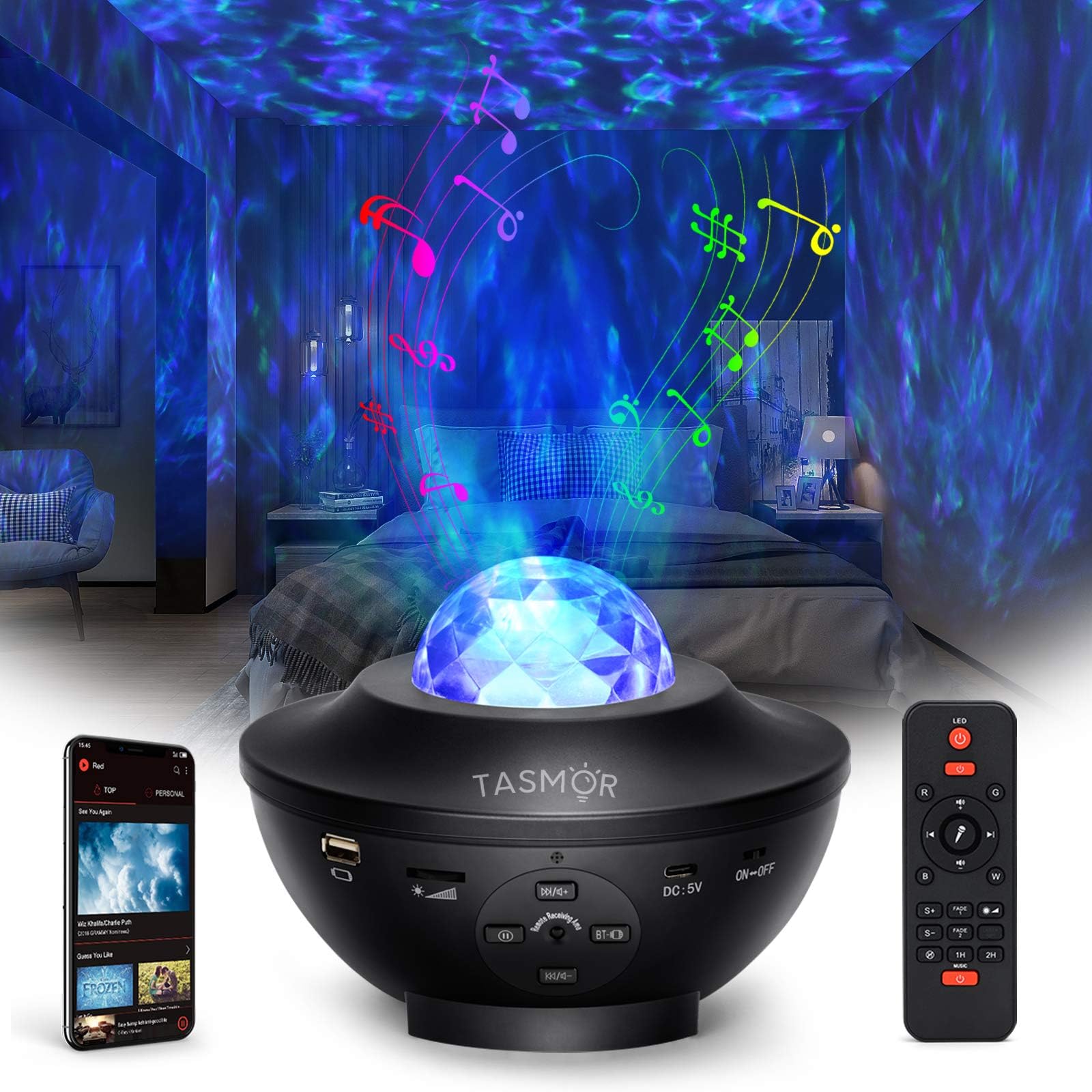 LED Star Night Light Projector, TASMOR Ocean Wave Nebula Projector Lamp with Remote Control 360° Rotating Soothing Color Changing Music Wireless Speaker Timer for Stage Wedding Christmas