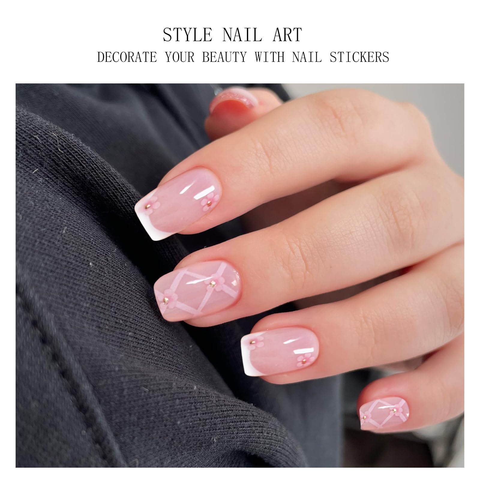 JMEOWIO Gel Nail Stickers French Tip White Pink Flower Semi Cured Gel Nail Strips Wraps UV/LED Nails Art Design Decoration Accessories - Image 2