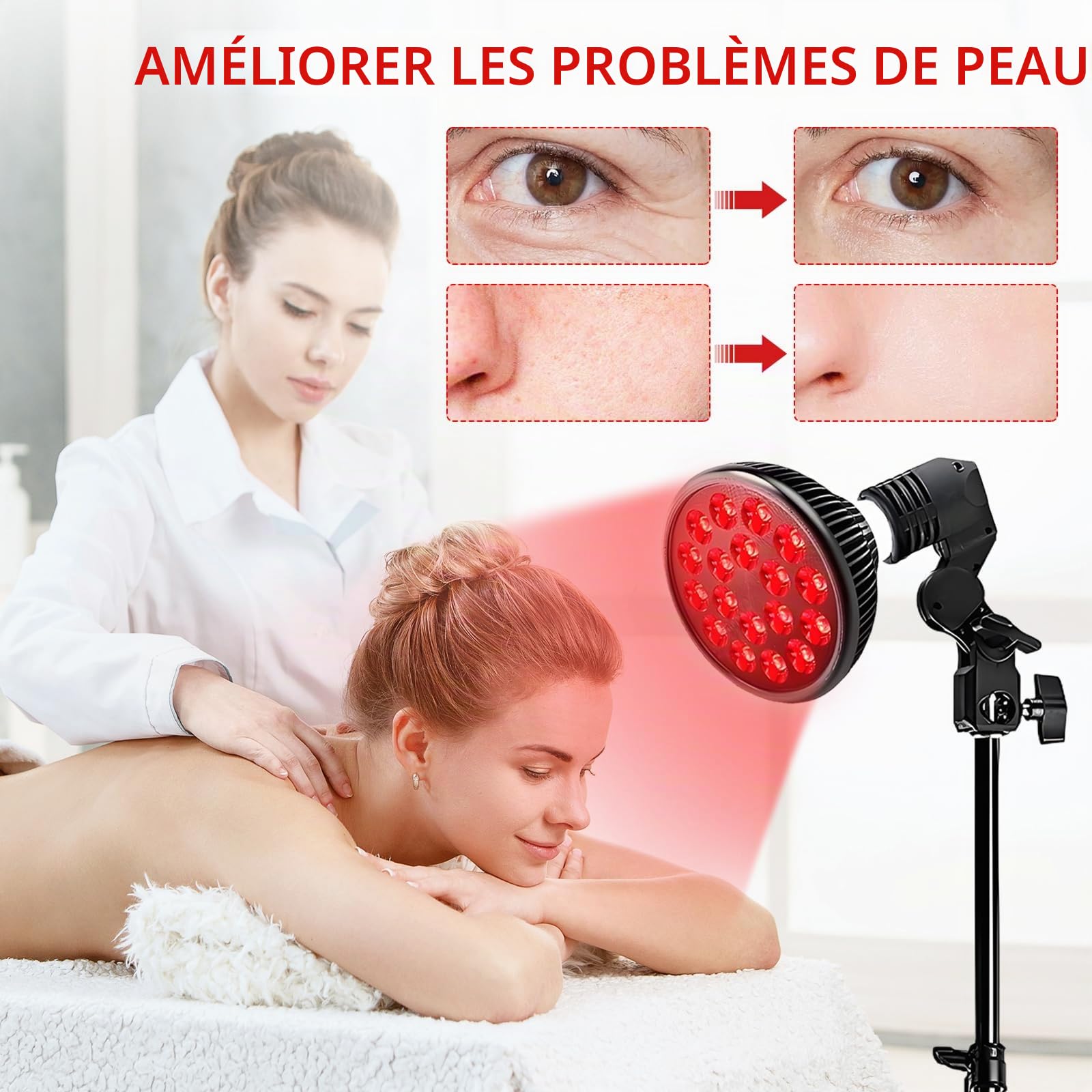 Lampe à lumière rouge avec pied, lampe infrarouge 54W 850 & 660nm, 18 LED pour thérapie par lumière rouge, chaleur profonde pour soulagement des douleurs au visage, cou et dos, efficacité et réglable