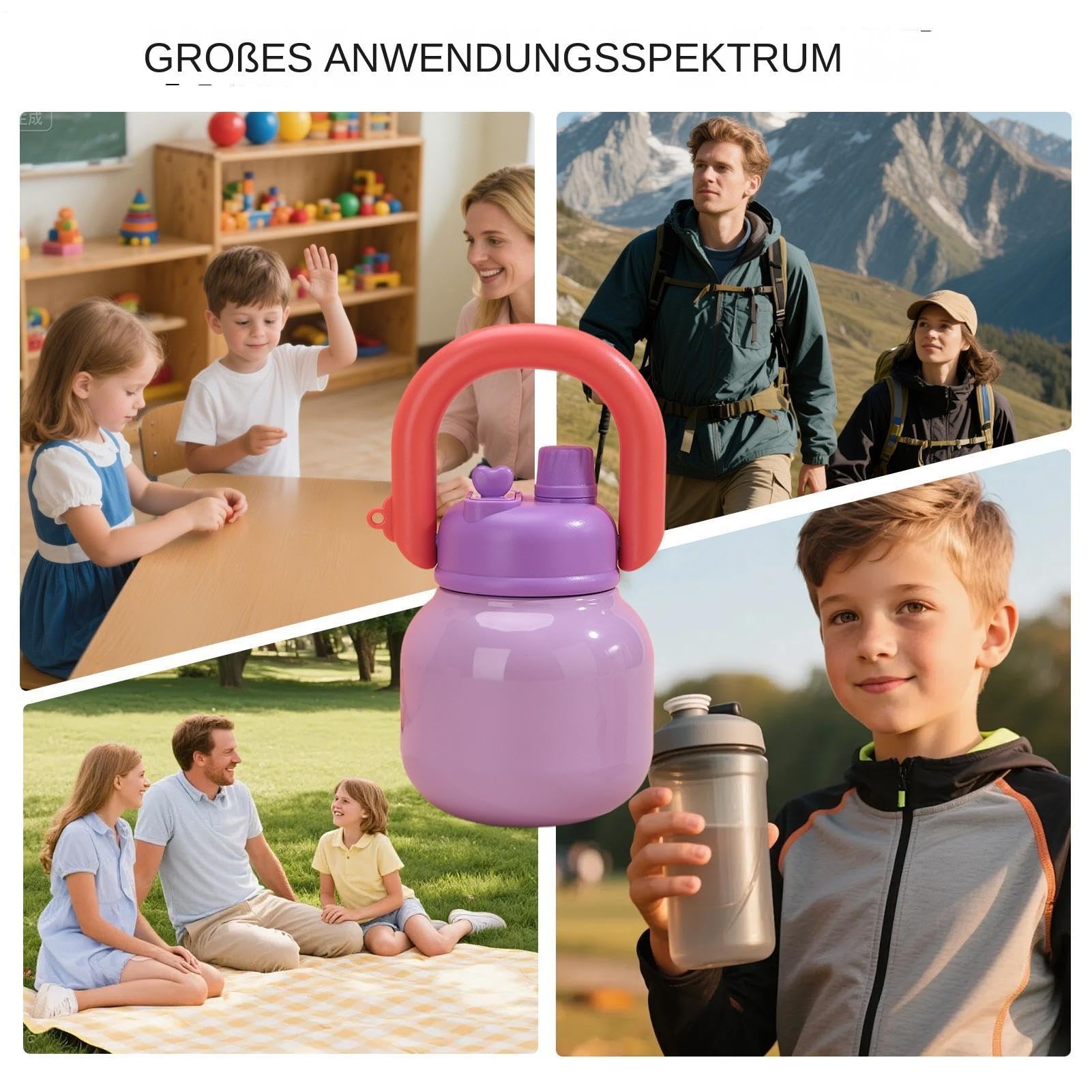 Borraccia in acciaio inox, 650 ml, a prova di perdite, con maniglia per il trasporto, borraccia termica in acciaio inox per escursioni, picnic, ragazze, adolescenti, bambini, scuola, campeggio
