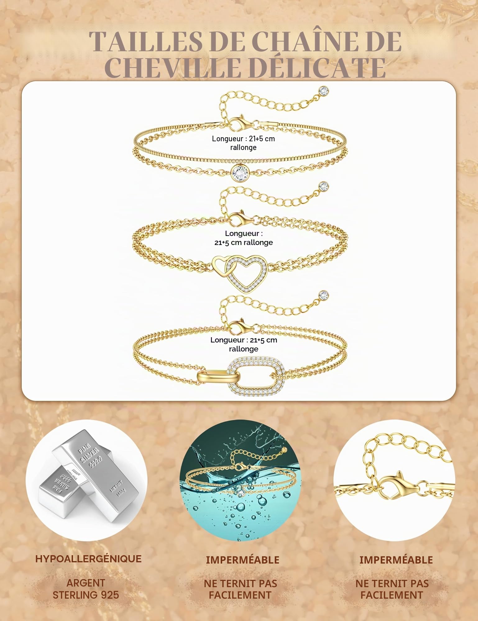 MILACOLATO Bracelets Cheville Femme Argent 925 Délicat CZ Trombone Coeur Superposé Imperméable Bracelets de Cheville Or/Argent Réglable Extra Large Chaine de Chevillere De Plage Pied Bijoux