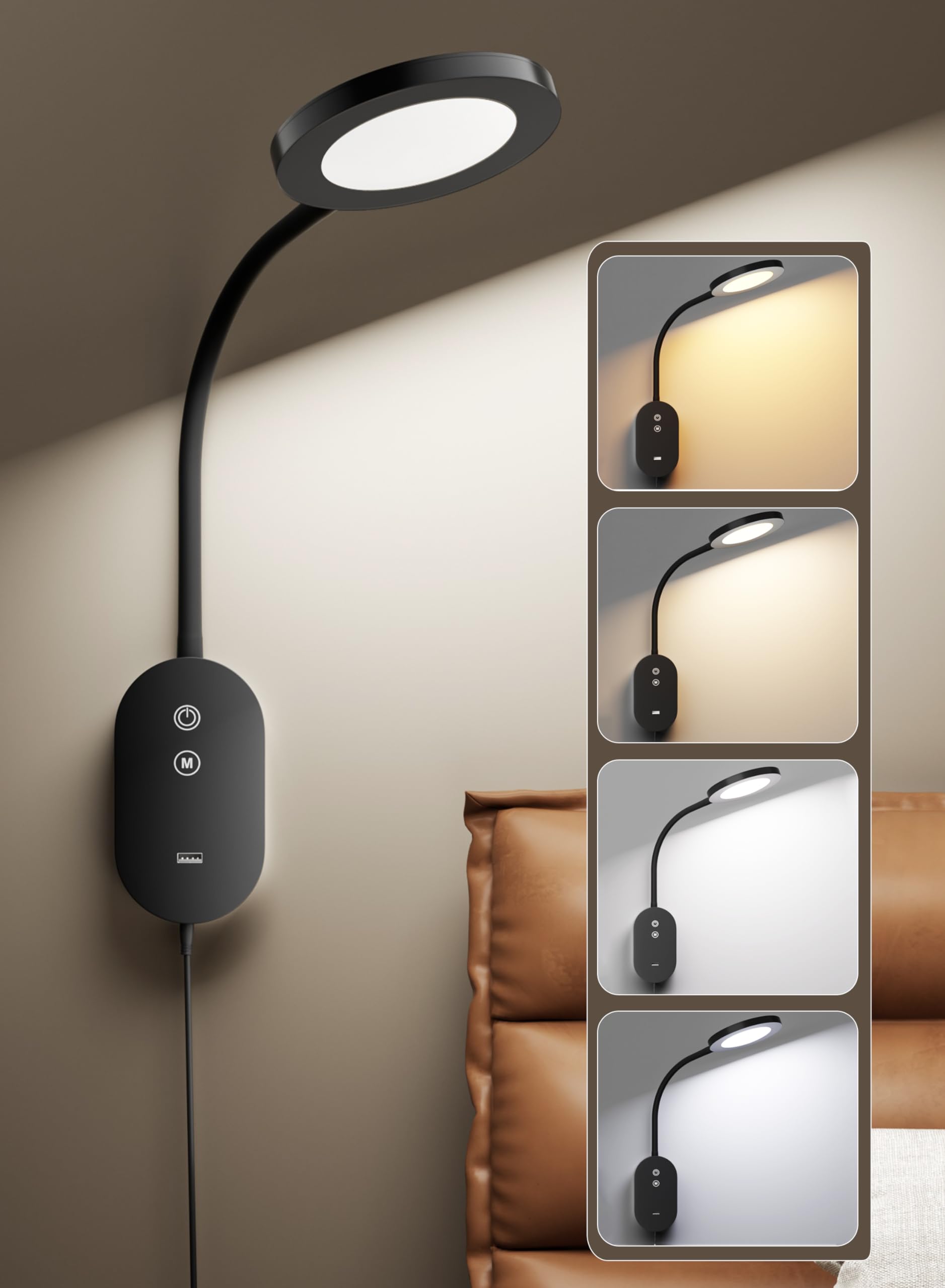 TOPMB Wall Mounted Reading Light, Book Light for Wall Bed Lamp with 10W USB Output Fast, 4 Hour Auto Off?Eye Caring Reading Lamps with CRI 95 Infinite Dimmable 360° Gooseneck Headboard Light Black