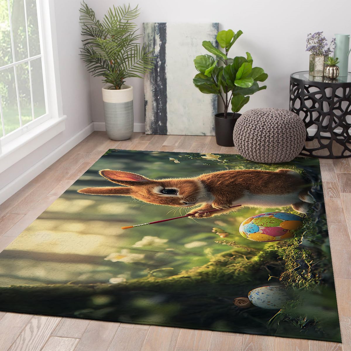 Tappeto lavabile 80x150cm Tappeti di coniglio pasquale fantasioso Spring Forest Carpet sottile per pavimento sottile e morbido per soggiorno Ingresso camera da letto Nursery zerbino Pasquale
