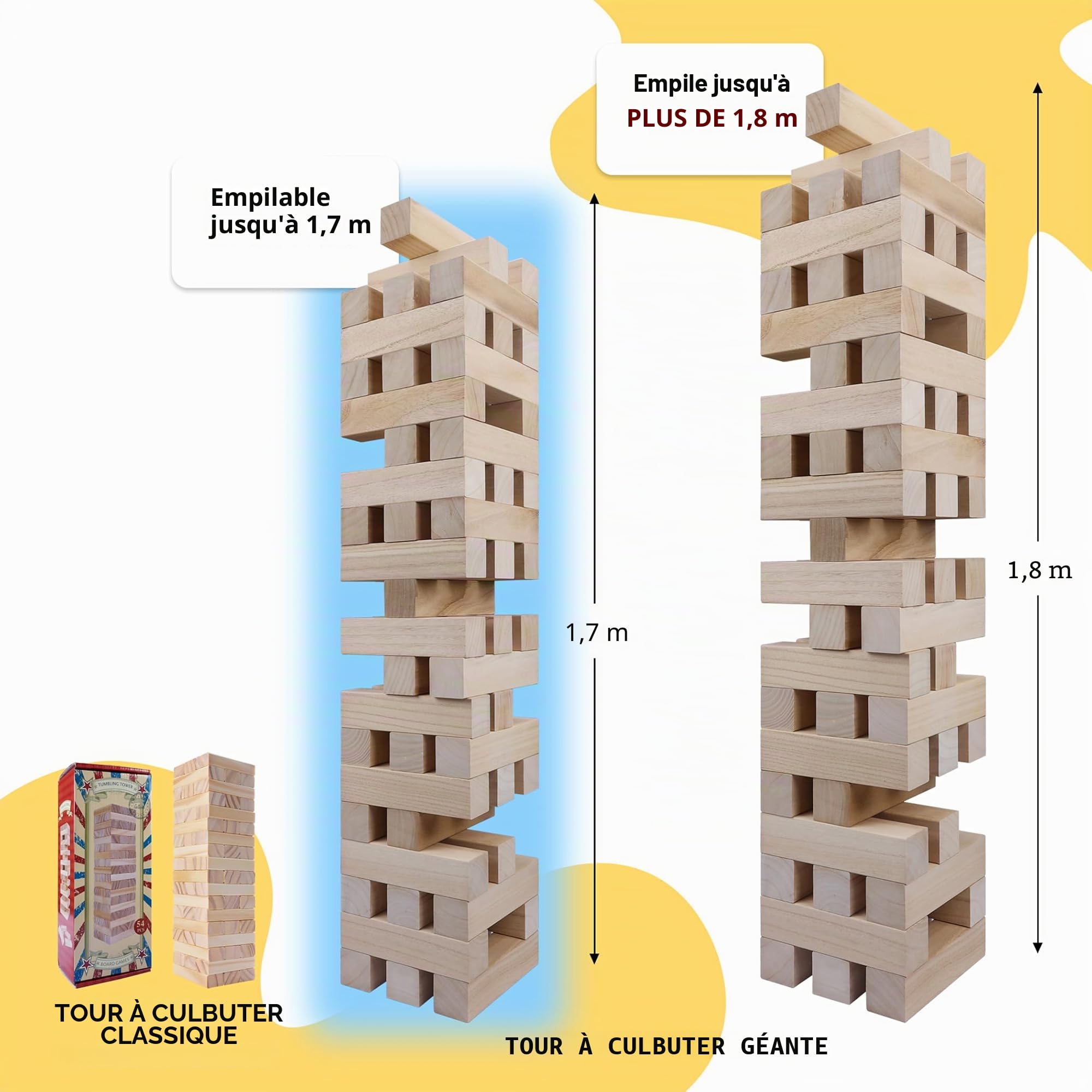 GOTHINK Jeux à Empiler en Bois - 51 Blocs Équilibrés, Empilable Jusqu'à 1.5m de Hauteur, Jeu de Société pour Enfants et Adultes, Idéal pour Fêtes et Soirées