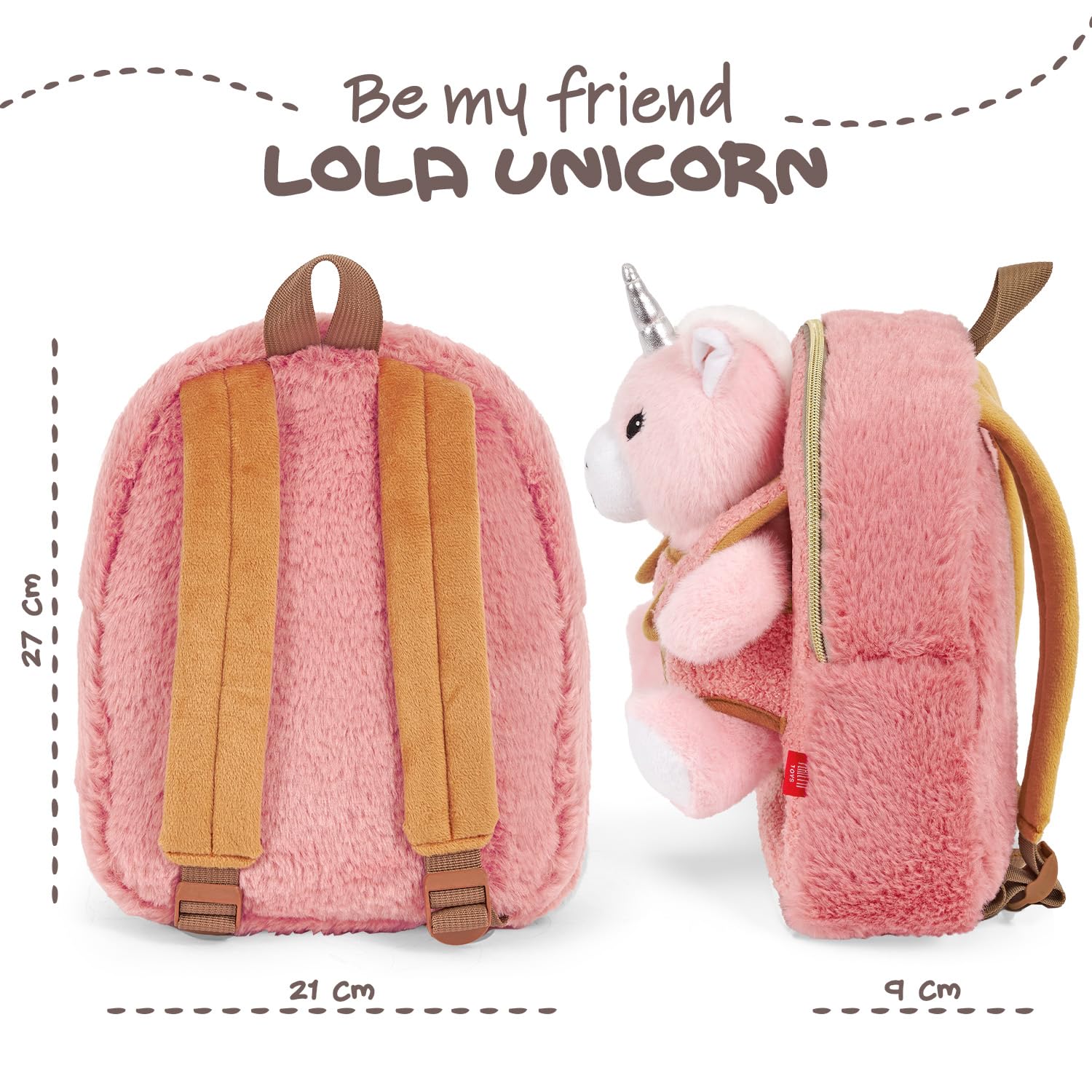 PERLETTI Sac à Dos Peluche pour Enfant 3 4 5 Ans - Mini Cartable Doux Mignon de Voyage et Doudou Animal École Maternelle - Petit Jouet et Sacoche Petite Fille Garçon Bébé - 27x21x9 cm (Licorne)