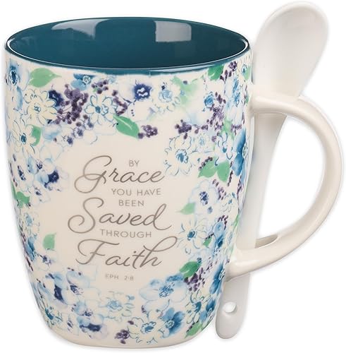 Christian Art Gifts Juego de taza de café y té con cuchara de cerámica para mujer By Grace You Have Been Saved - Efesios 28 Versículo de la Biblia