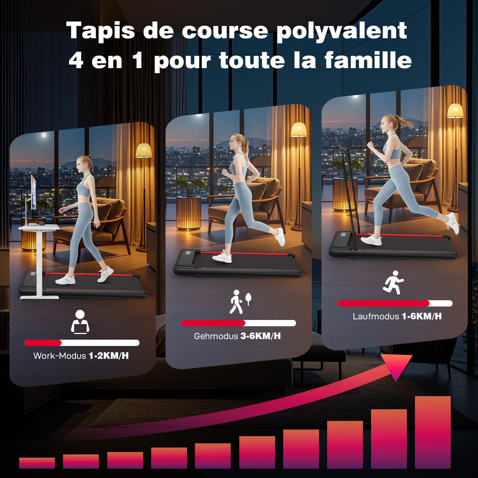 Tapis de Course, Tapis de Course Compact avec Poignée Amovible, Walking Pad 3 Niveaux Inclinaison (Black)