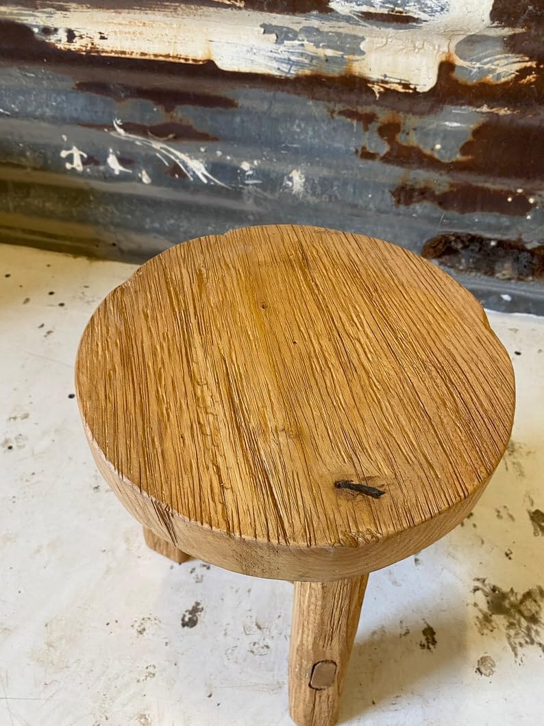 direfly Handcrafted Rustic Barnwood Round Stools, Vintage Wooden Stool, Farmhouse Decor, Rustic Primitive Stool