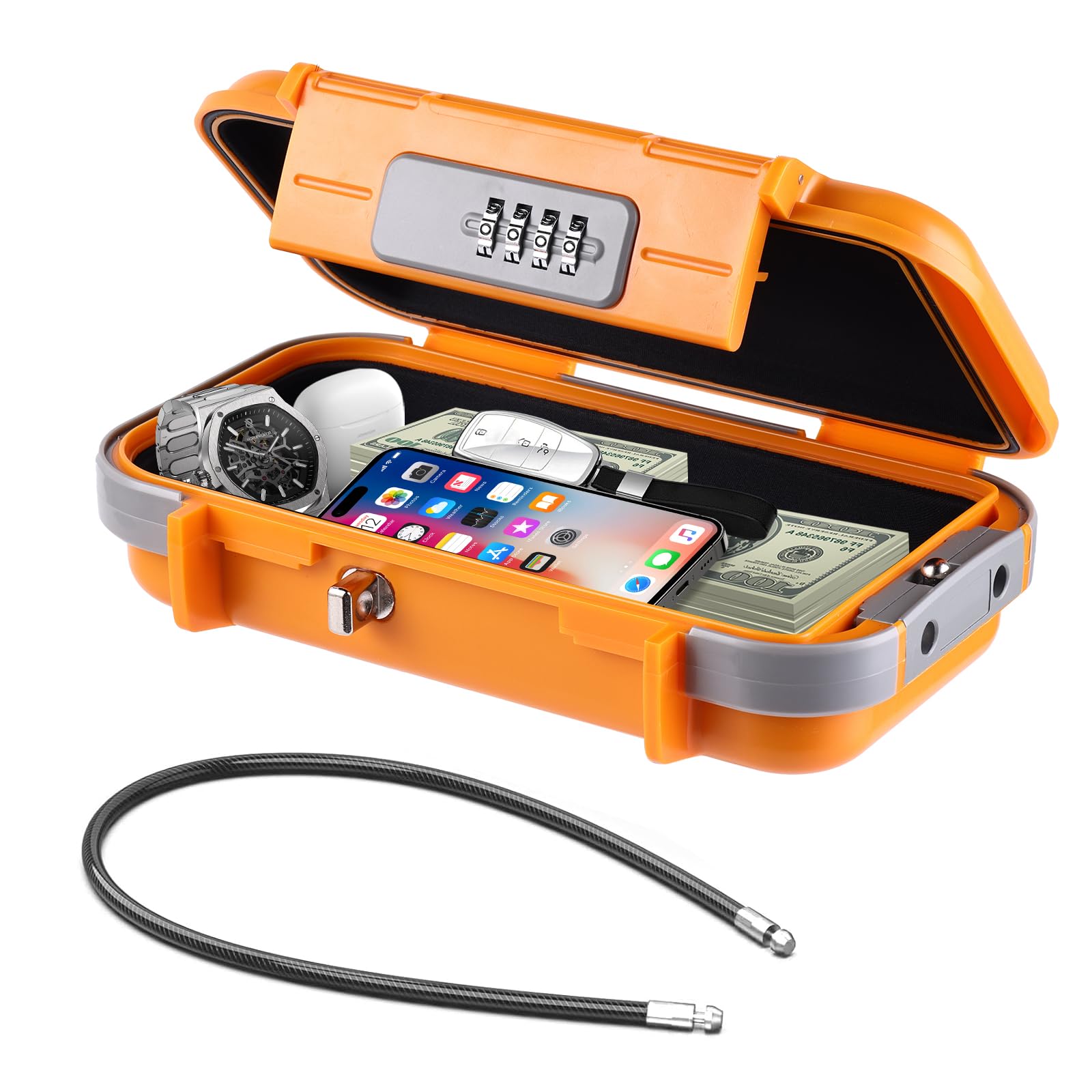Hurinan Tragbarer Safe mit Code, [Wasserdicht Anti-Diebstahl] Reisesafe Kombinations sicherheitskoffer Schlossbox mit abnehmbarem Drahtseil, für Strand, Hotel, Büro, Urlaub (Orange)