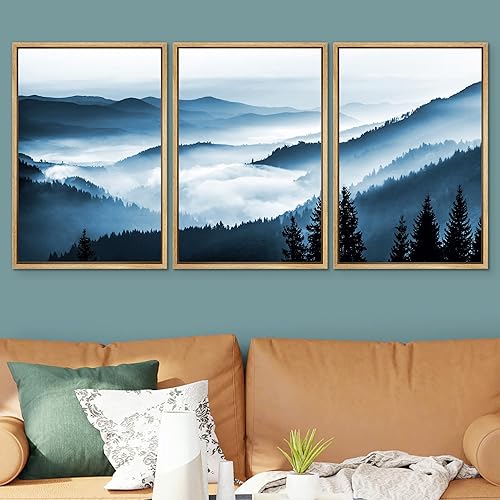 Miniatura 2 de SIGNWIN Lienzo enmarcado para pared, juego de arte con cordillera duotono azul brumoso, bosque, naturaleza, desierto, fotografía, moderno,