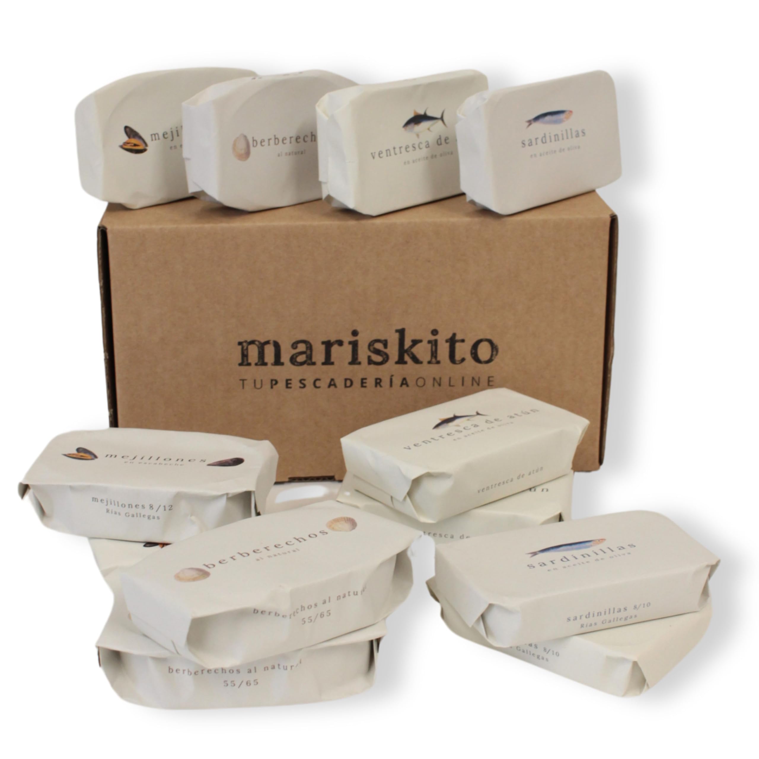 MARISKITO | Paket La Mar de Gourmet - 12 Gourmetkonserven - Dosen mit Galicischen Konserven - Geschenkkorb - Delikatessen-Produktset
