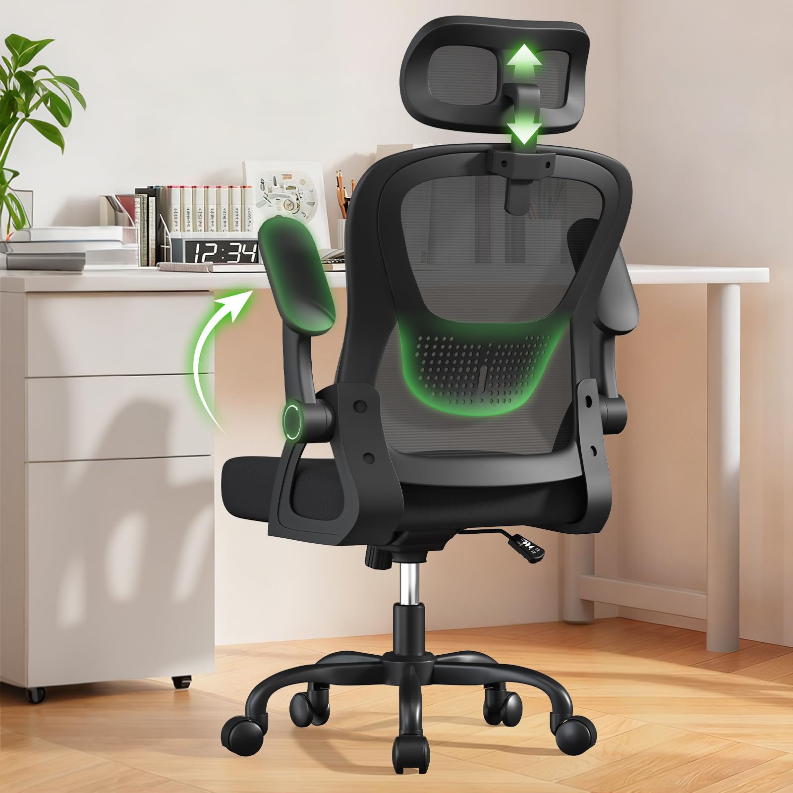 naspaluro Ergonomic Office Chairs, High Study Desk Computer Chair with Back Support, Adjustable Headrest and Flip-up Armrests Black Work Chair, Swivel Comfy PC Mesh Office Chairs for Home Office — image 1