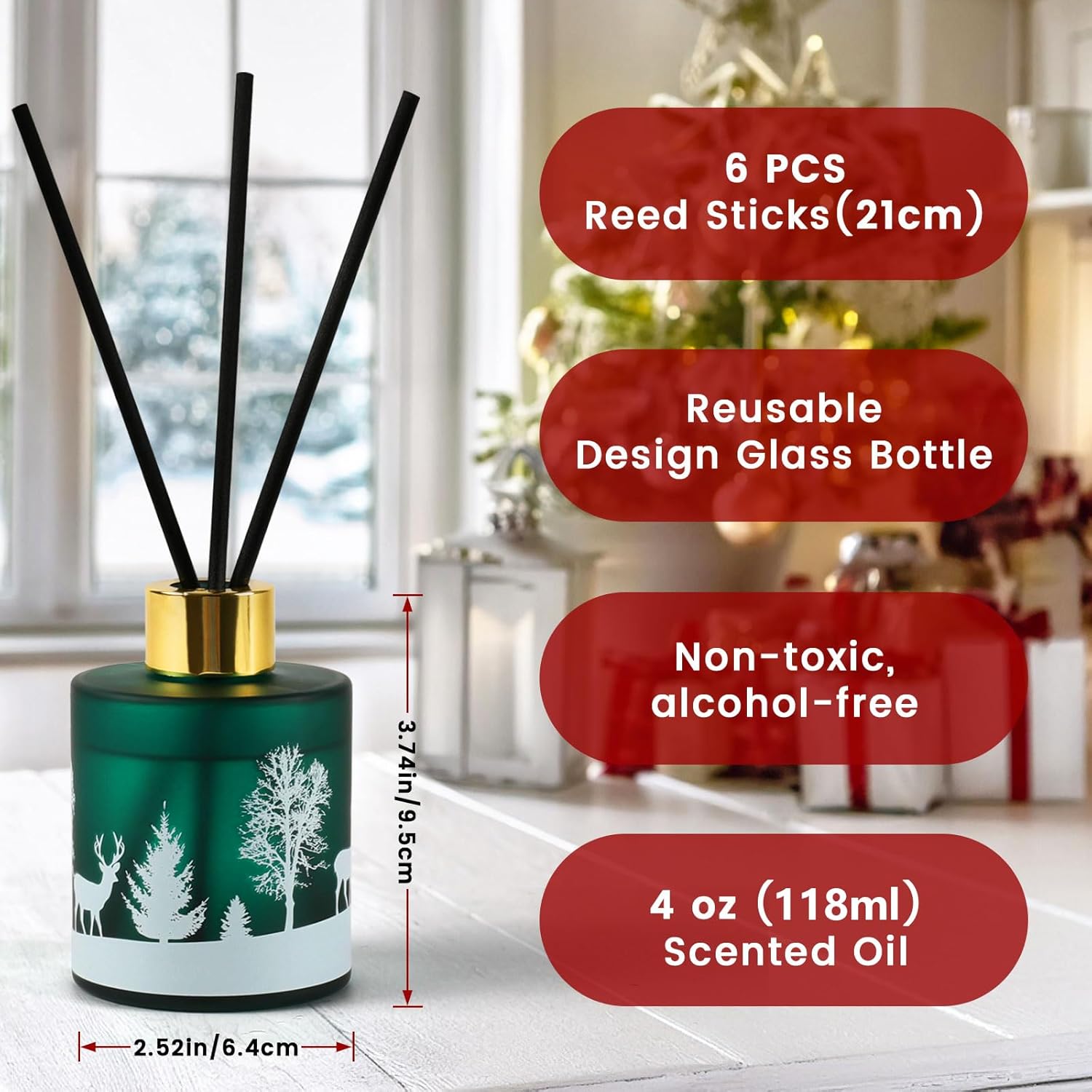 Christmas Reed Diffuser Set, Fireside Juniper & Balsam Scented, 6 Diffuser Sticks with Christmas Bottle Design, Home Decor Bedroom Living Room Office (Fireside Juniper & Balsam 4oz) - Image 3