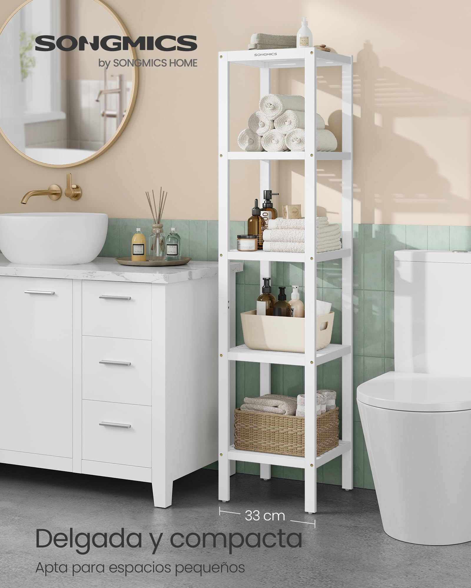 SONGMICS Estantería de Baño de Bambú 5 Niveles, Estantería Esquinera Estrecha, Blanco Nube BCB055W01