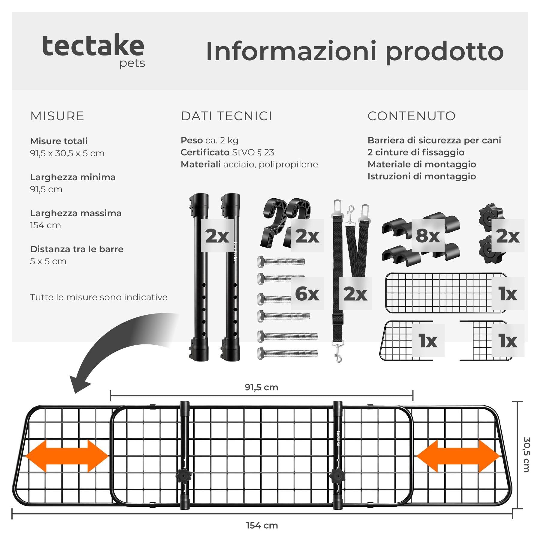 tectake® Griglia di Protezione per Cani Universale in Acciaio, Divisorio di Sicurezza per Cani Regolabile in Larghezza 91,5–154 cm, Rete Auto per Cani Universale con Sistema ad Incastro e 2 Cinture