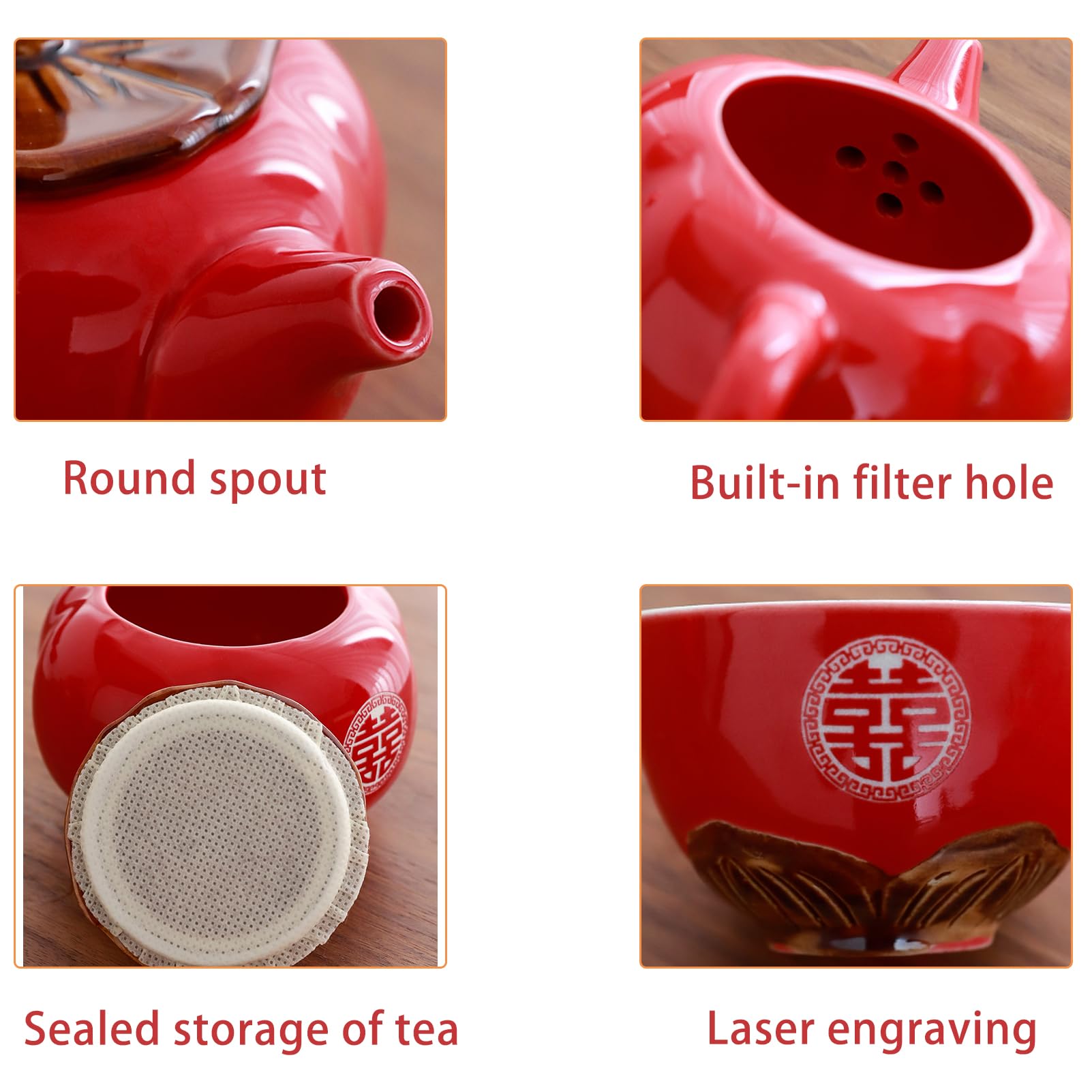 Ślubny zestaw do herbaty, chiński tradycyjny świąteczny czerwony "Everything Goes Well" ceramiczny zestaw do herbaty kungfu ceremonia wesele dla nowożeńców (1 dzbanek do herbaty + 6 filiżanek do