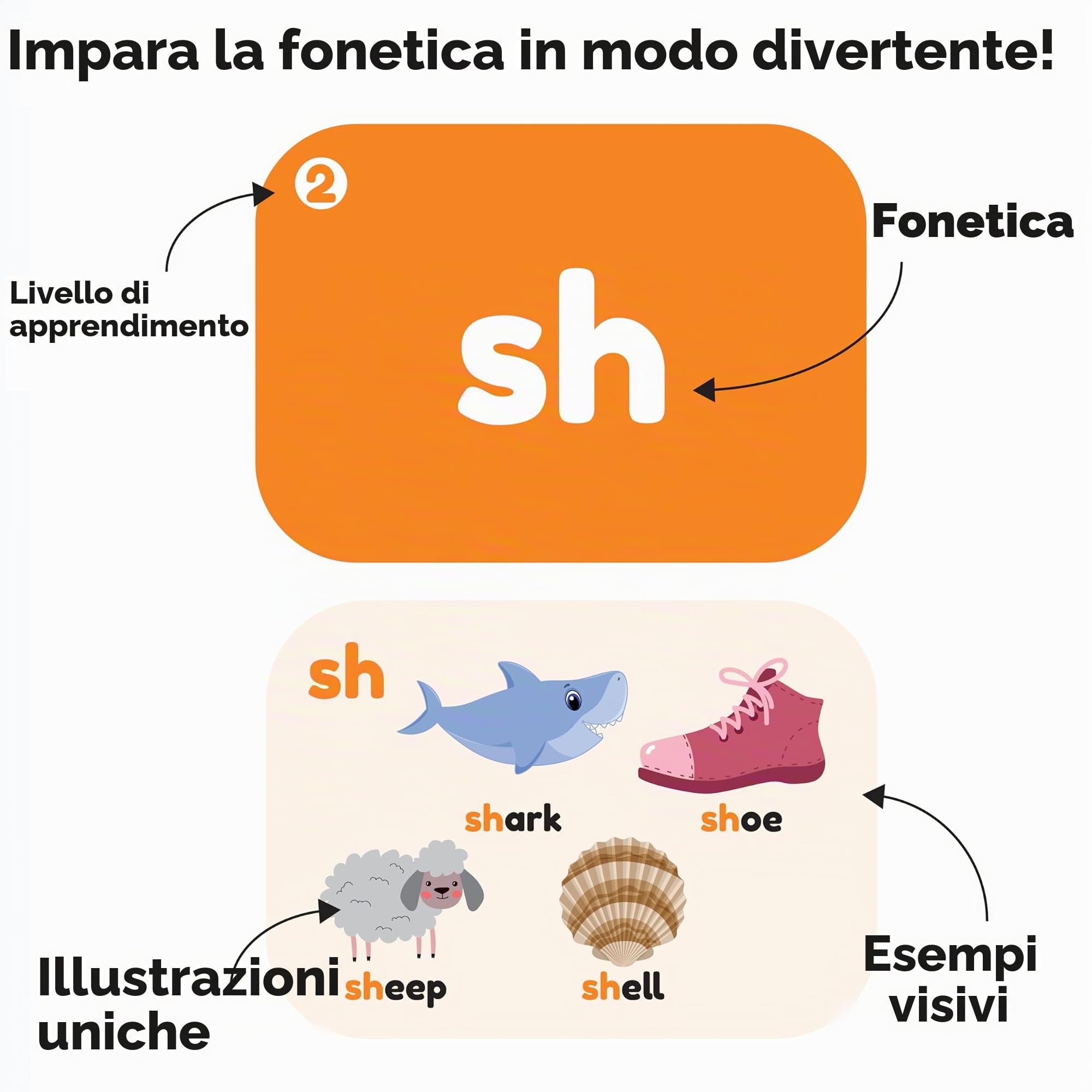 Phonics - Schede flash per bambini dai 3 anni in su, 165 carte didattiche su entrambi i lati, lettere, digrafi, trigrafi, miscele e parole difficili, giochi colorati per la lettura precoce e