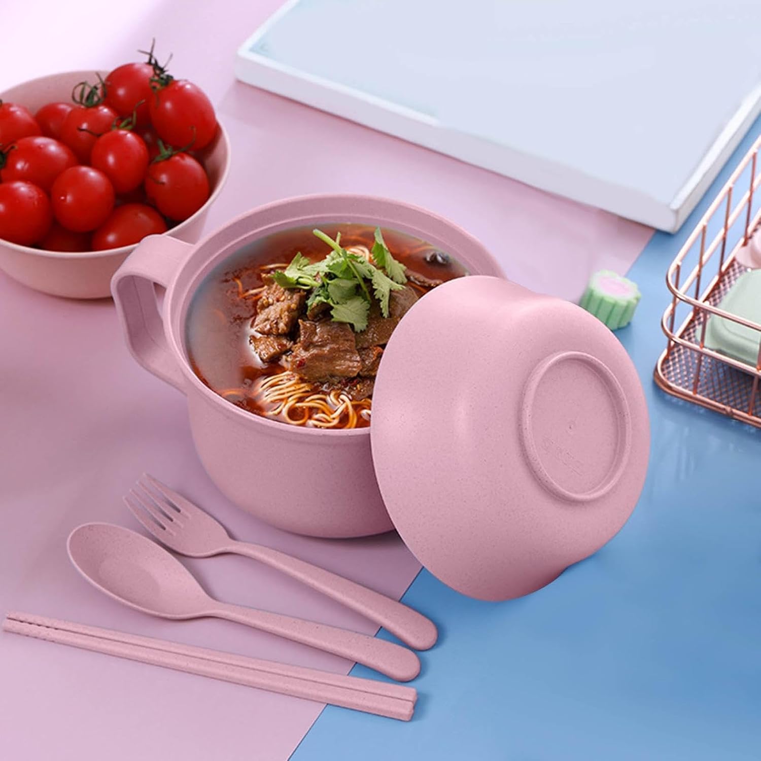 6PCS Ramen Noodle Bowl Set - Food-Grade Microwave Safe Cooker with Chopsticks, Spoon & Fork, 33oz (Dorm Room, Office, Home Use) (Pink) image 2