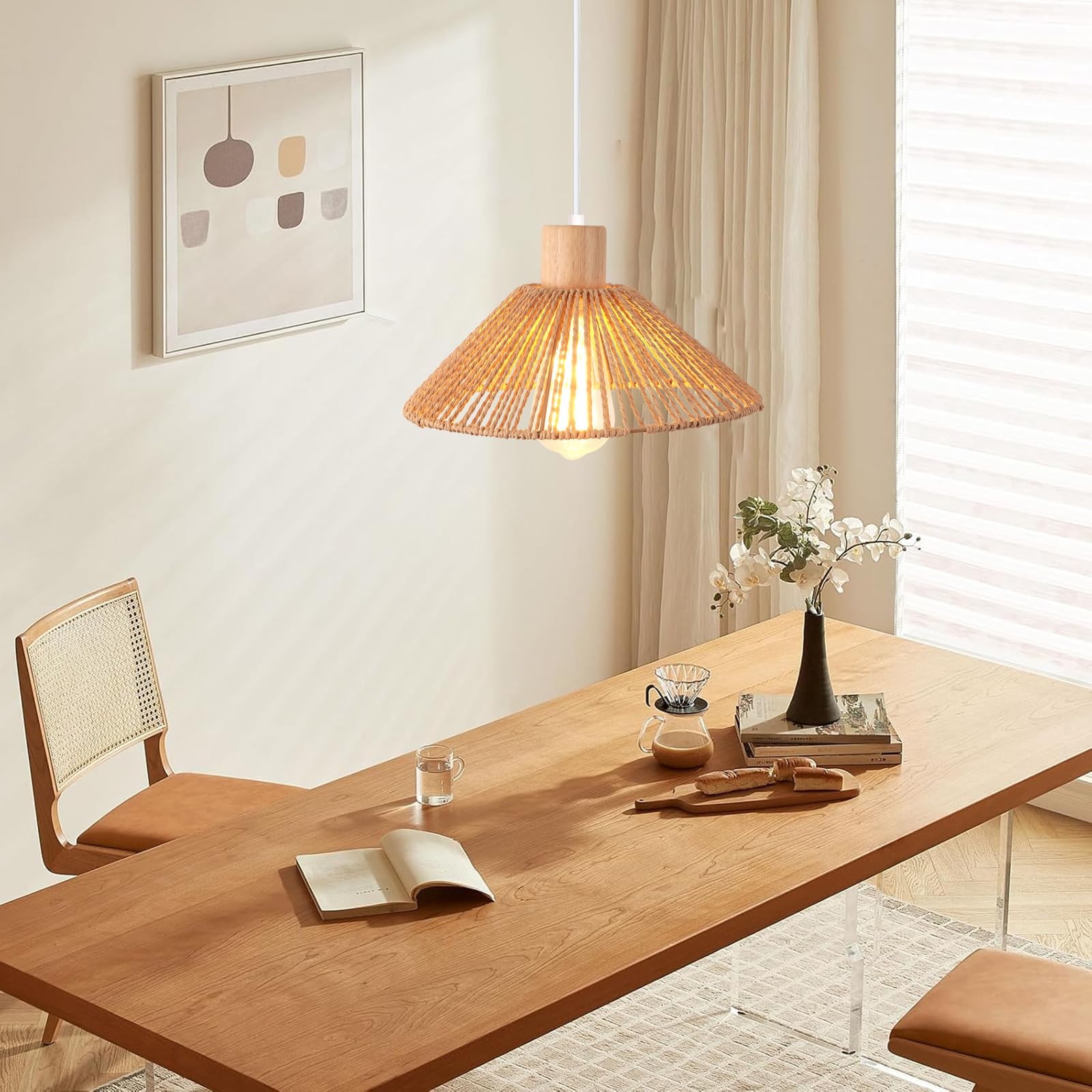 iDEGU Lot de 3 Suspensions Luminaires en Rotin et Bois Vintage Plafonnier Abat-jour Tissage Rétro Lustre Style Bohème E27 Lampe de Plafond pour Chambre Salon Cuisine Café Restaurant (26CM, Marron)