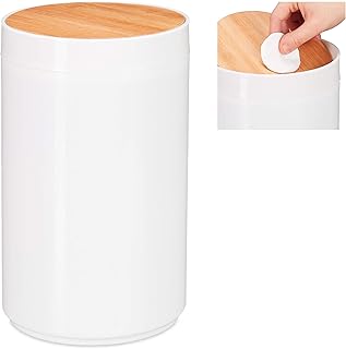 Relaxdays Pattumiera per Cosmetici, con Coperchio Girevole in Bambù Cestino Moderno, 5,5 Litri, HxD 26,5 x 18 cm, Bianco, 1 Pz